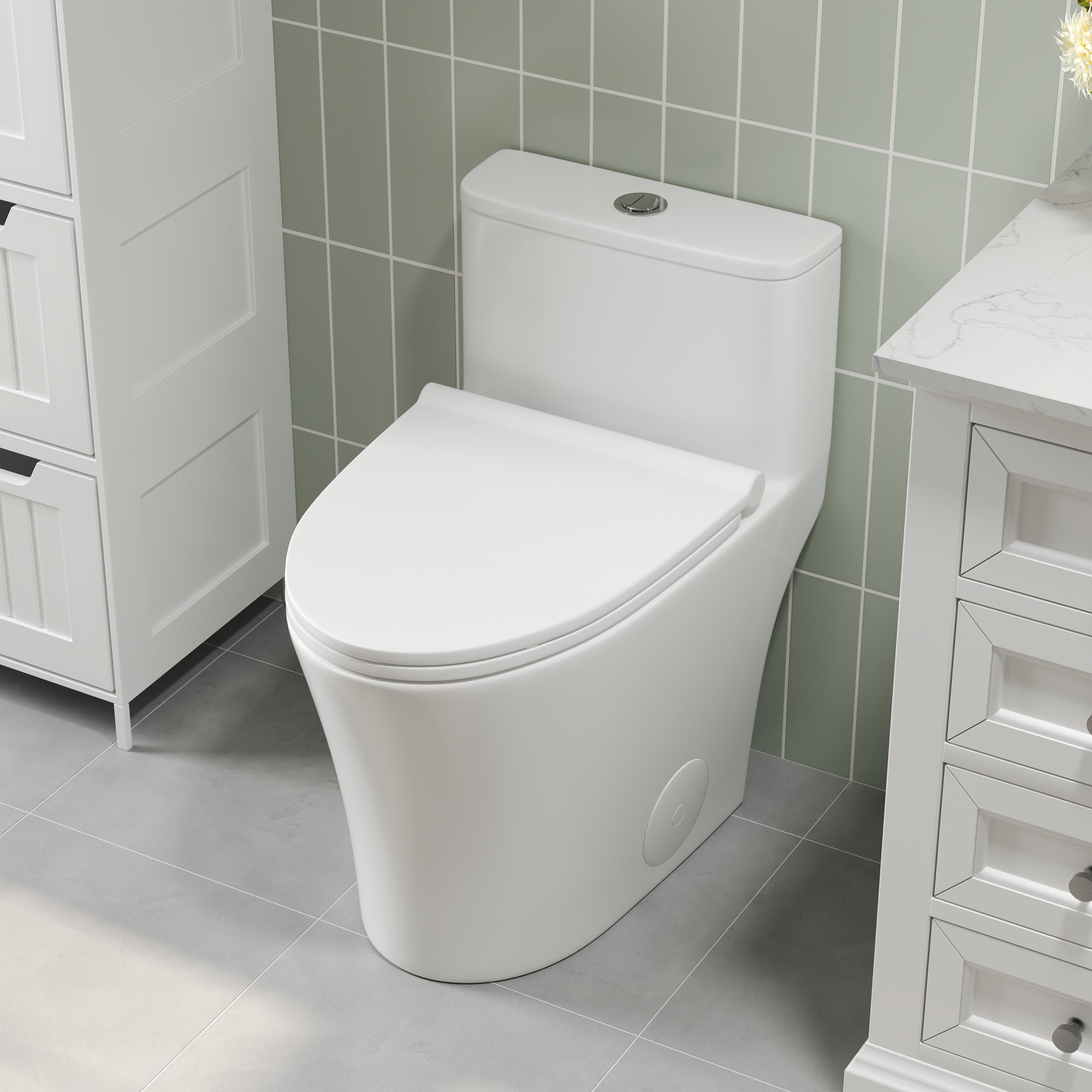 Symmetry 12 in. Rough In Size One-Piece 1/1.28 GPF Dual Flush Compact Elongated Toilet in White, Soft Close Seat Included