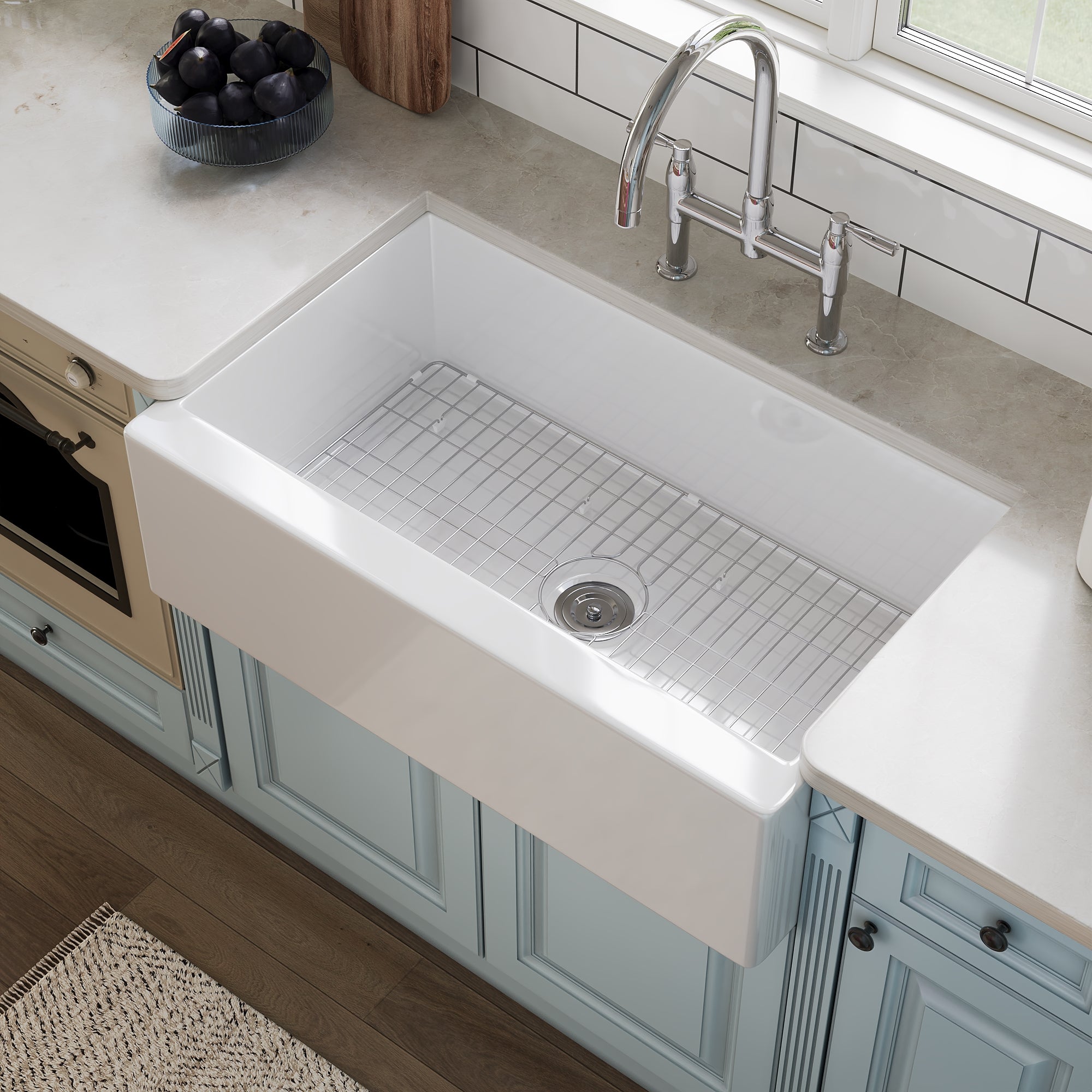 DeerValley 33" L x 20" W White Farmhouse Kitchen Sink, Fireclay Apron Front Farm Sink with Sink Grid & Basket Strainer
