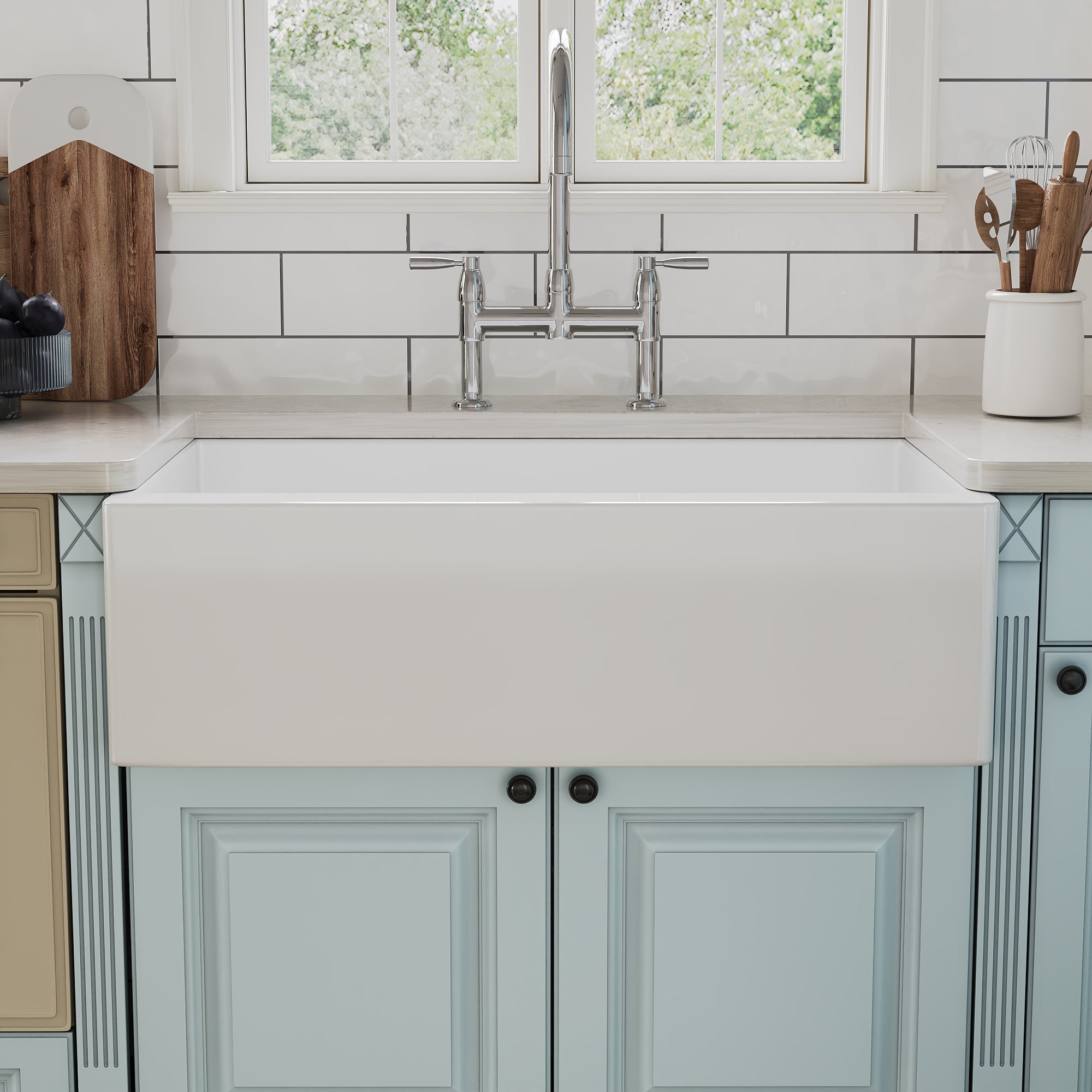 DeerValley 33" L x 20" W White Farmhouse Kitchen Sink, Fireclay Apron Front Farm Sink with Sink Grid & Basket Strainer