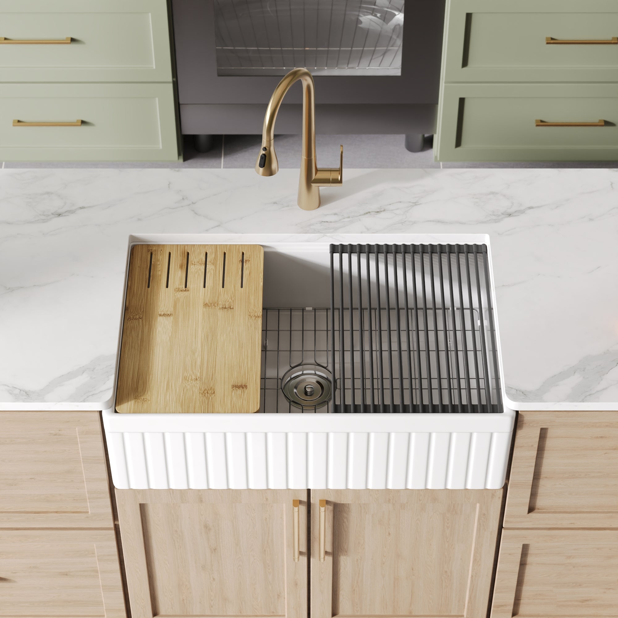 DeerValley 33" L x 20" W Farmhouse Workstation Kitchen Sink, Reversible Fireclay Deep Single Bowl Apron Front Kitchen Sink, White Undermount Farm Sink with Ledge and Accessories, DV-1K0263