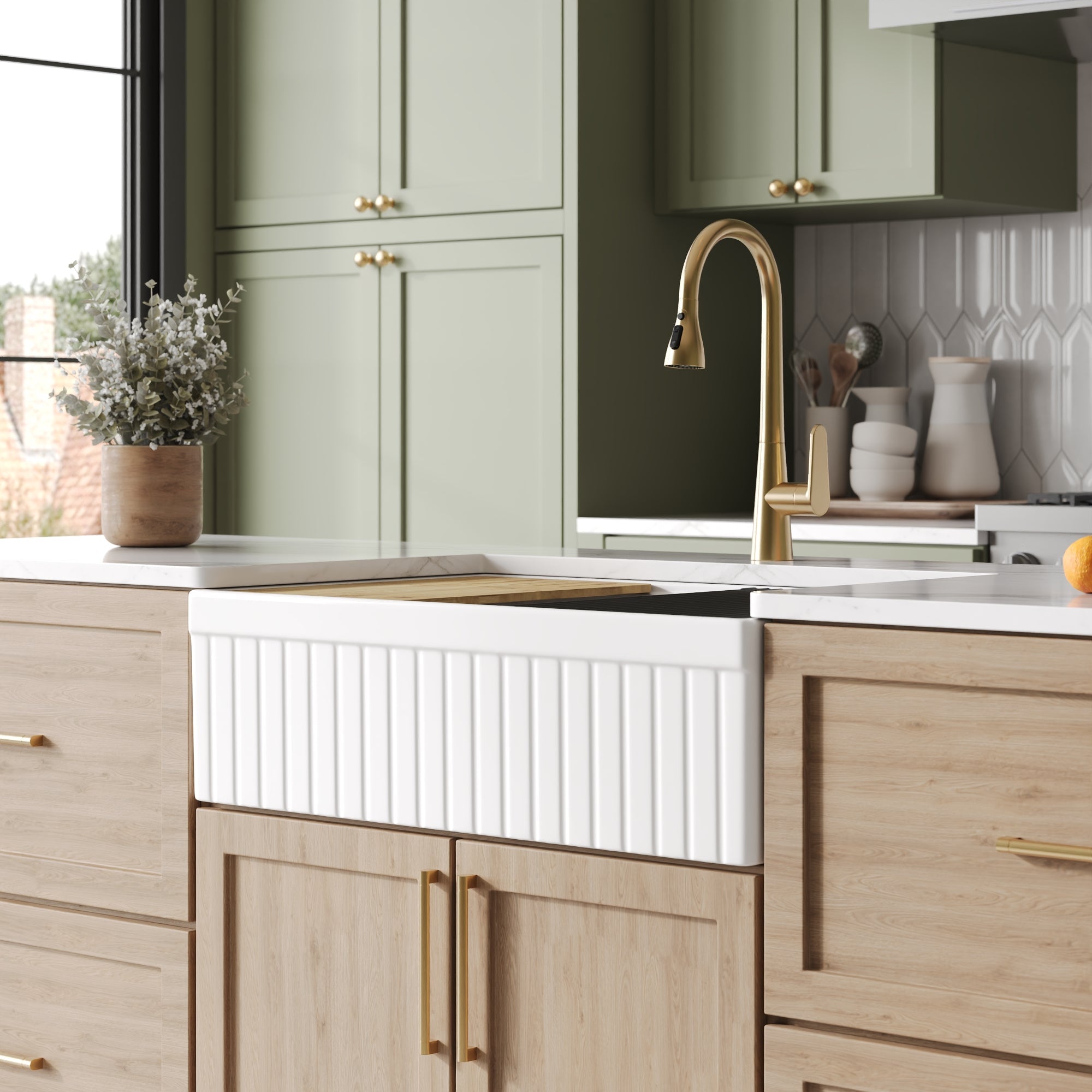 DeerValley 33" L x 20" W Farmhouse Workstation Kitchen Sink, Reversible Fireclay Deep Single Bowl Apron Front Kitchen Sink, White Undermount Farm Sink with Ledge and Accessories, DV-1K0263