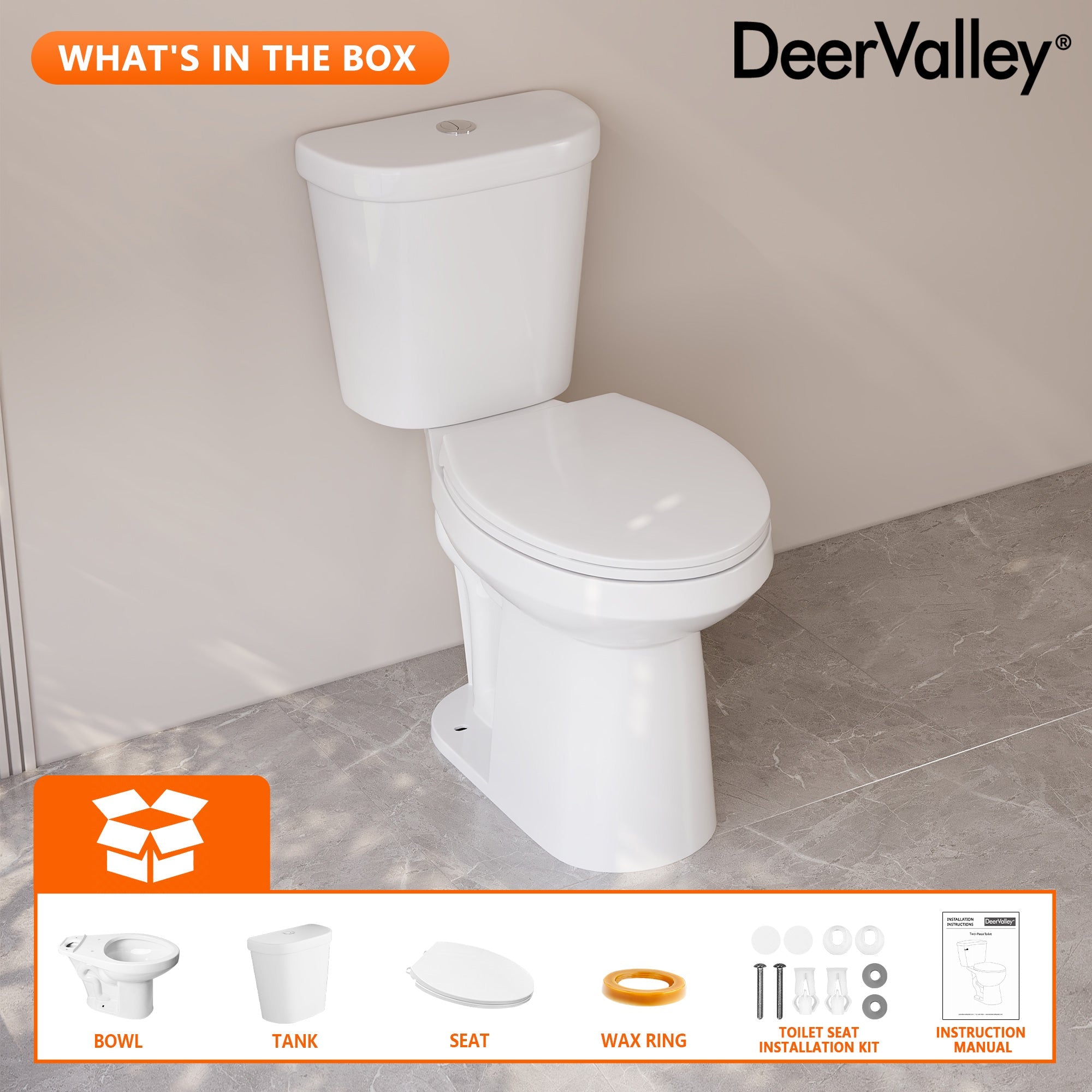 DeerValley 19-Inch Extra Tall Toilet for Seniors, White Two-Piece Toilet for Bathrooms with Comfort Seat, ADA Comfort Height, Elongated Bowl with Powerful 1.28 GPF Single Flush