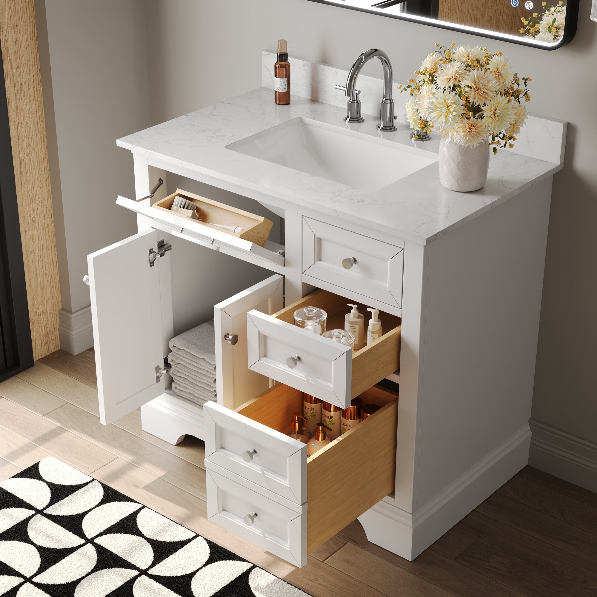 36" Rectangular Bathroom Vanity, with Ceramic Sink Top Set-up