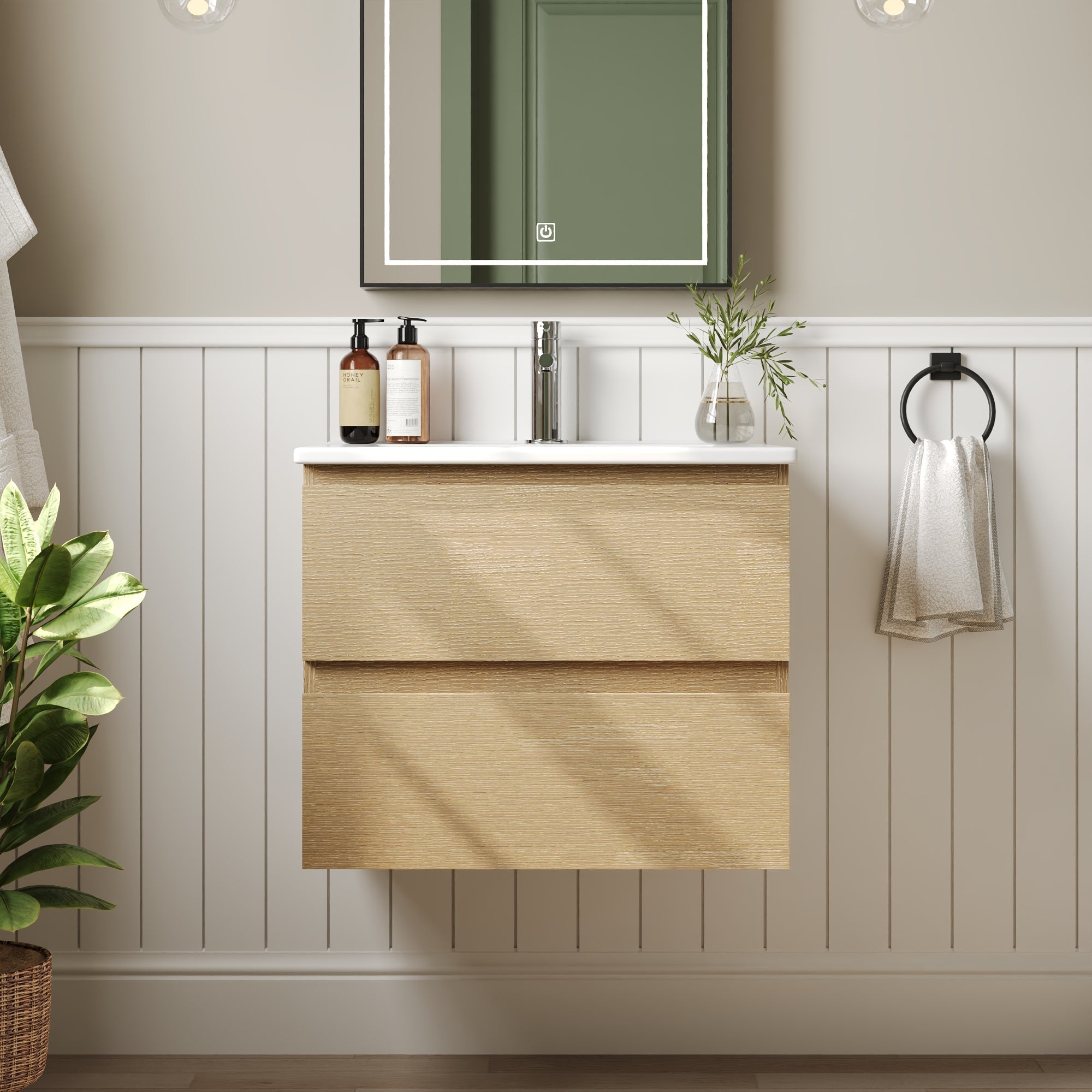 24" Floating Bathroom Vanity, with Pre-drilled Holes, Soft Closing Drawers, Natural Wood Color