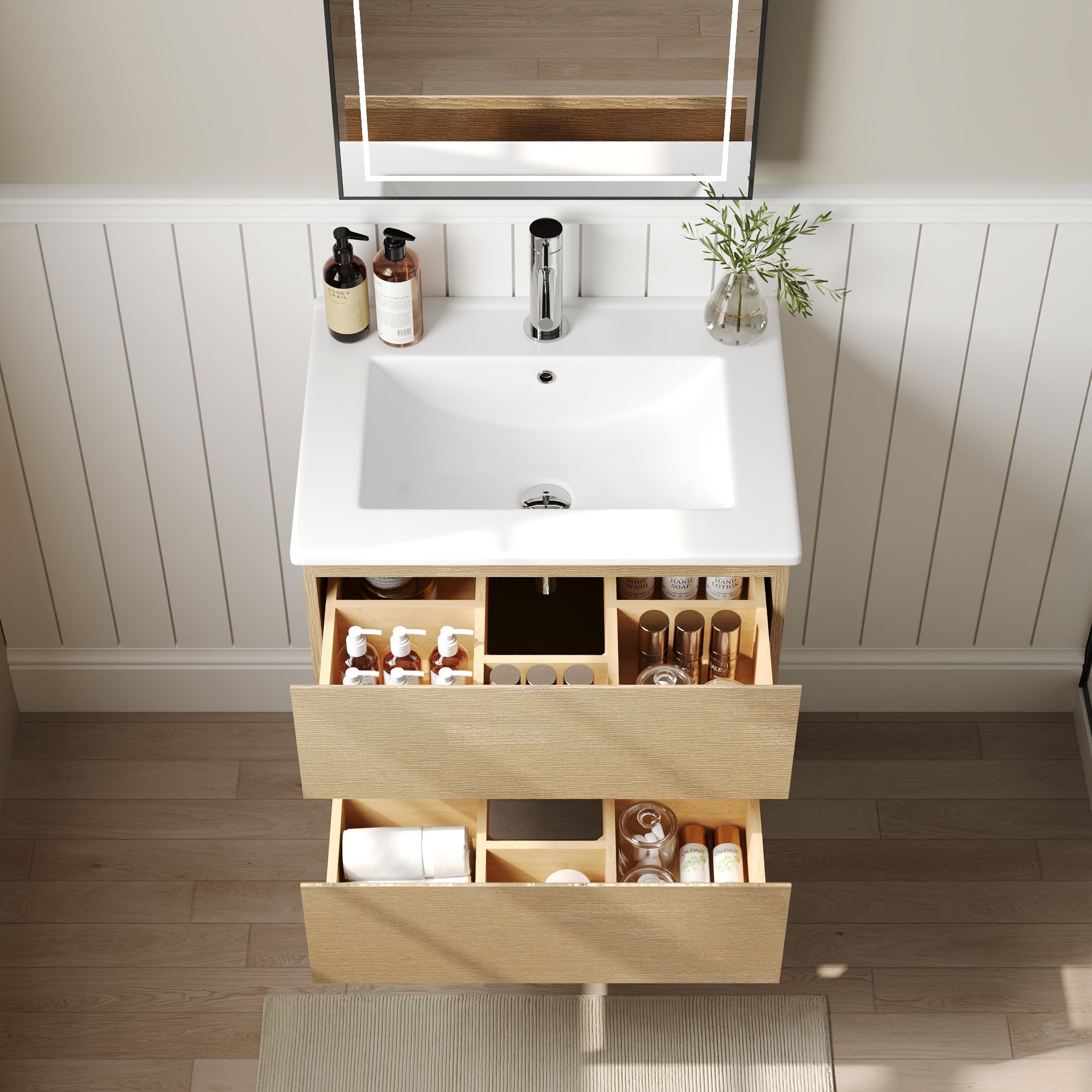 24" Floating Bathroom Vanity, with Pre-drilled Holes, Soft Closing Drawers, Natural Wood Color