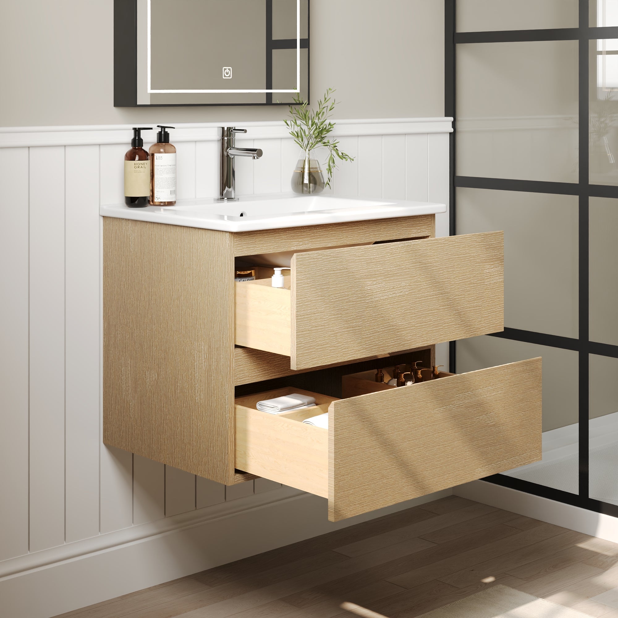 24" Floating Bathroom Vanity, with Pre-drilled Holes, Soft Closing Drawers, Natural Wood Color