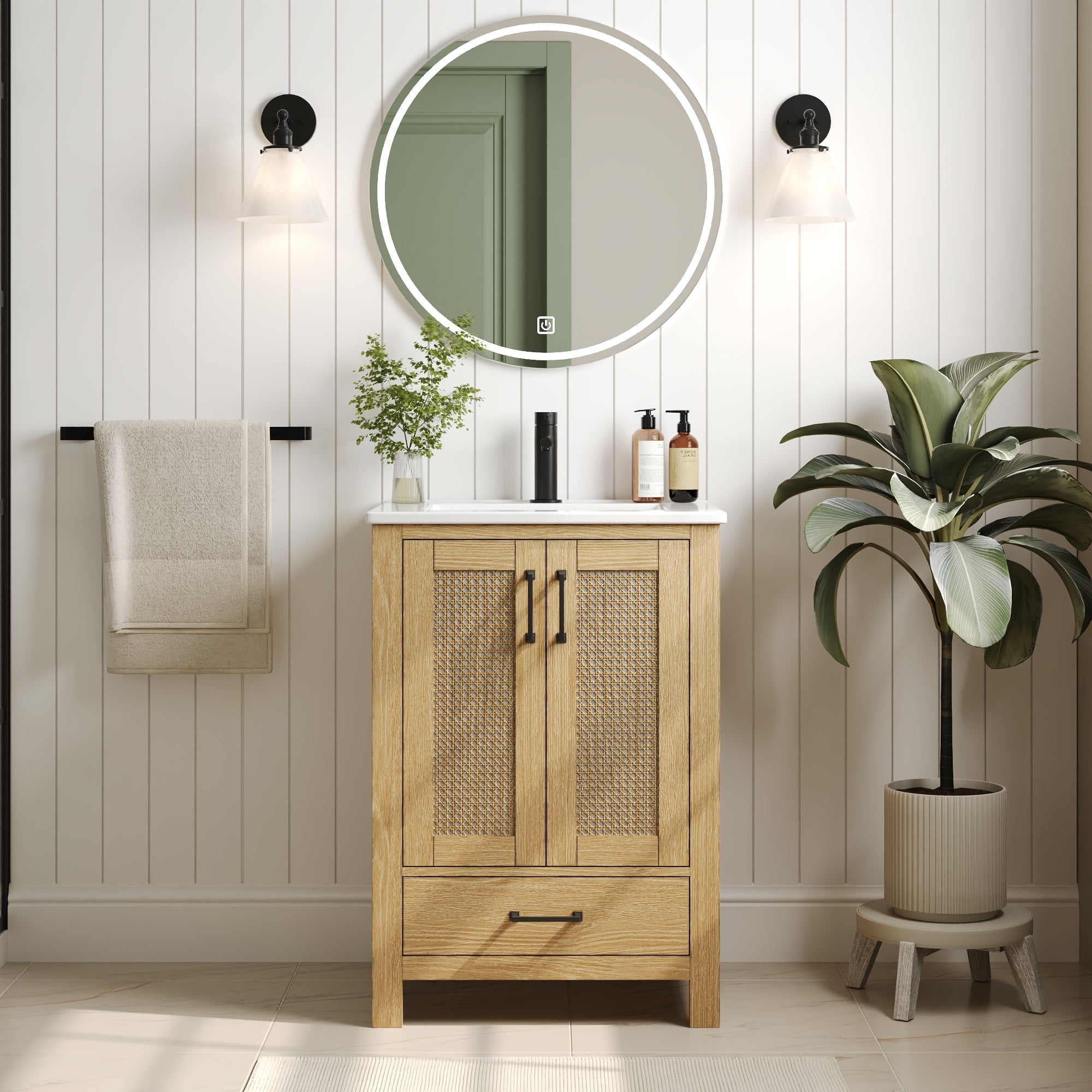 24" Pre-assembled Bathroom Vanity, Soft-close Vanity for Bathroom with Holes, Natural Wood Color