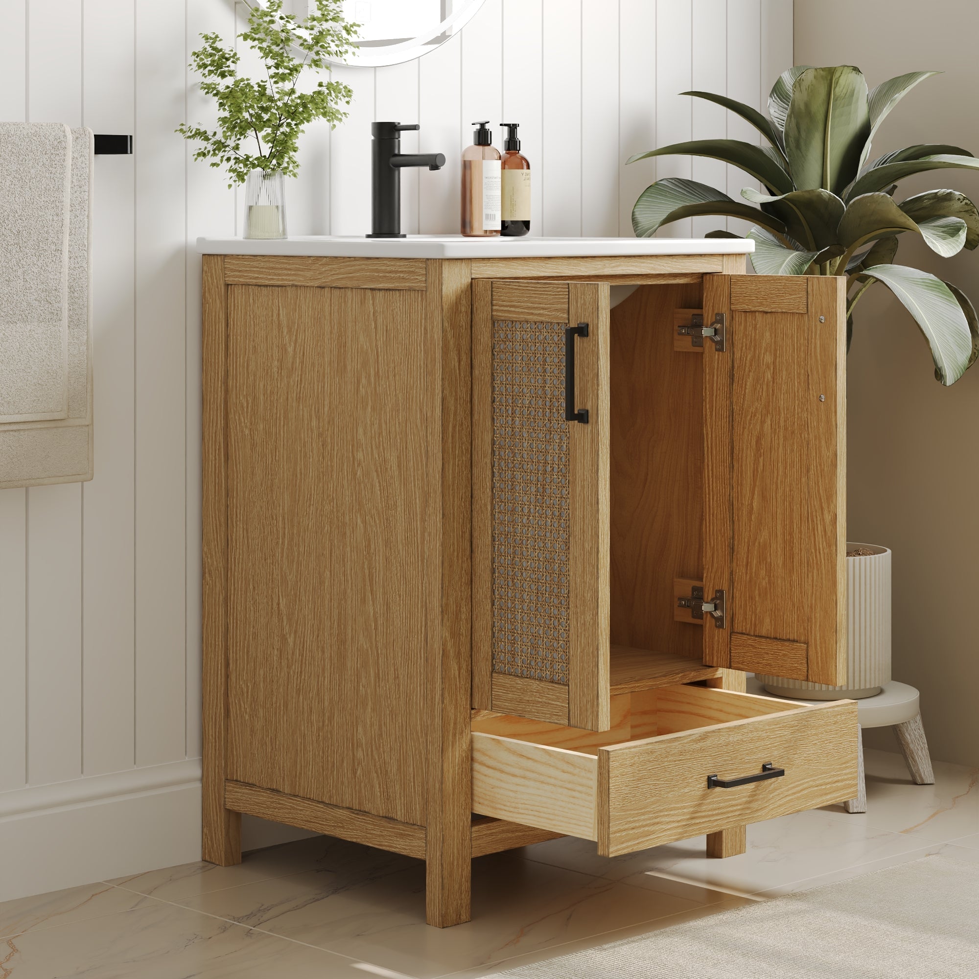24" Pre-assembled Bathroom Vanity, Soft-close Vanity for Bathroom with Holes, Natural Wood Color