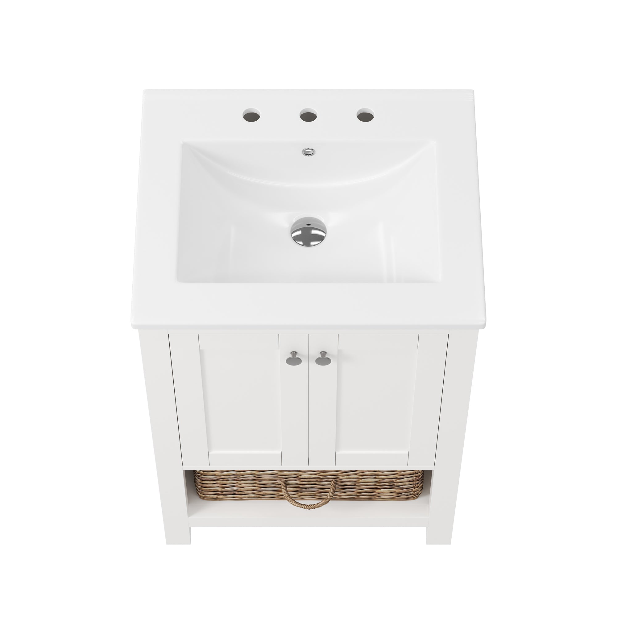 24" Pre-assembled Bathroom Vanity with Sink and Woven Storage Basket, 24 Inch White Vanity for Bathroom with Pre-drilled Holes, White.