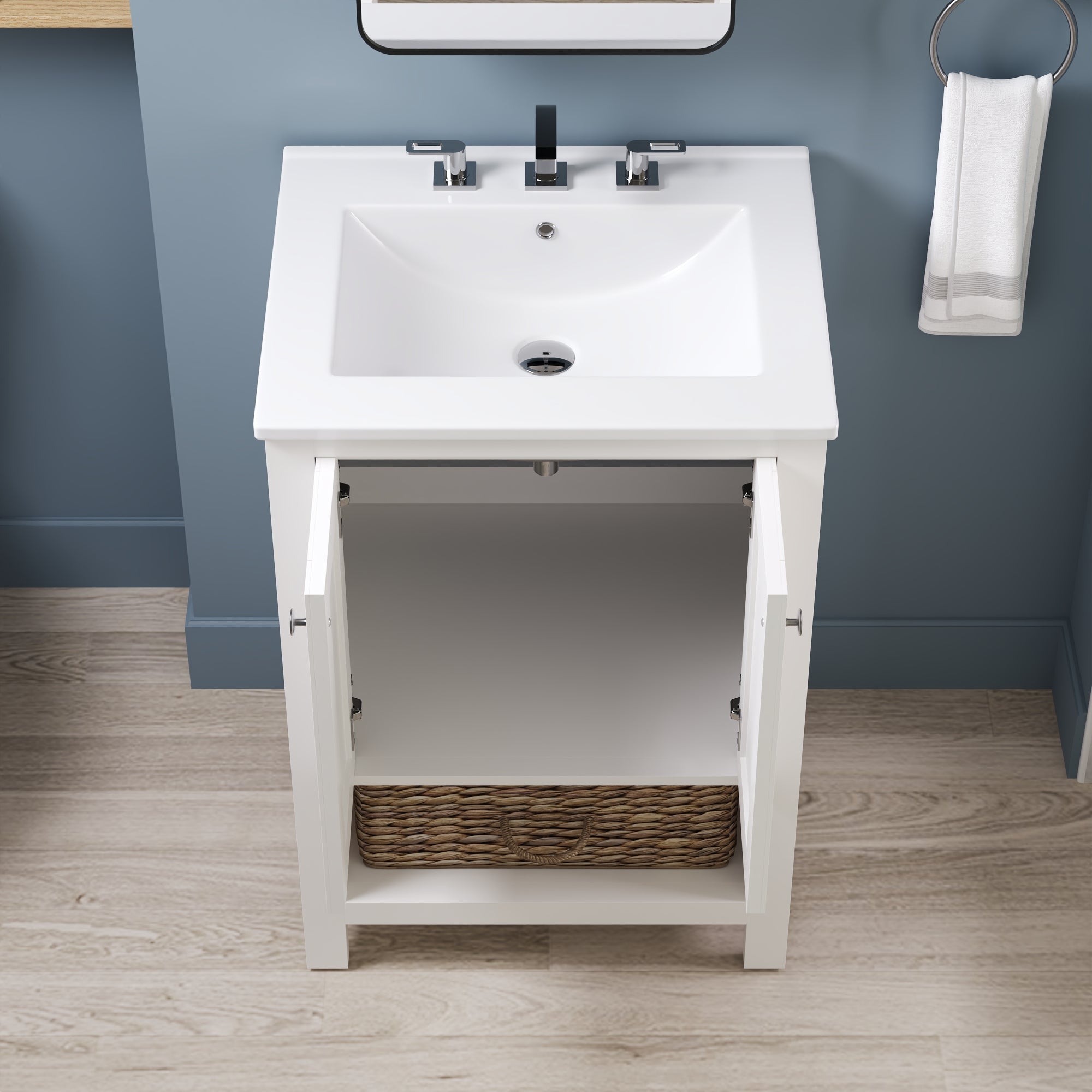 24" Pre-assembled Bathroom Vanity with Sink and Woven Storage Basket, 24 Inch White Vanity for Bathroom with Pre-drilled Holes, White.