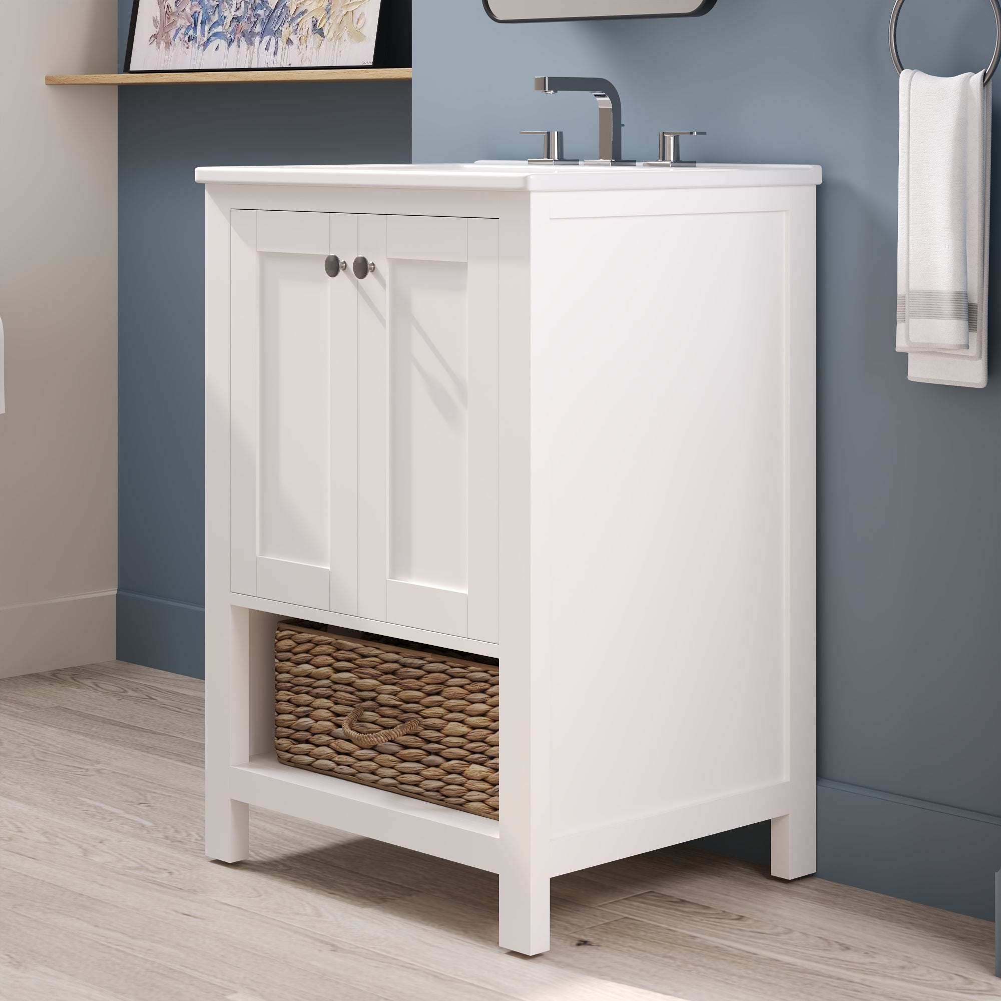24" Pre-assembled Bathroom Vanity with Sink and Woven Storage Basket, 24 Inch White Vanity for Bathroom with Pre-drilled Holes, White.