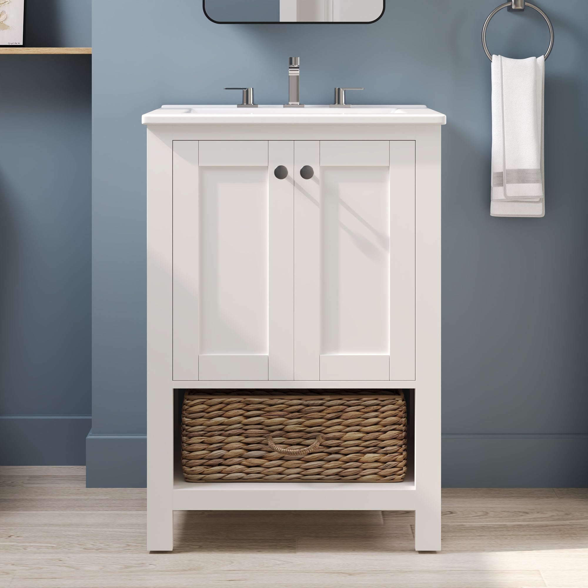 24" Pre-assembled Bathroom Vanity with Sink and Woven Storage Basket, 24 Inch White Vanity for Bathroom with Pre-drilled Holes, White.