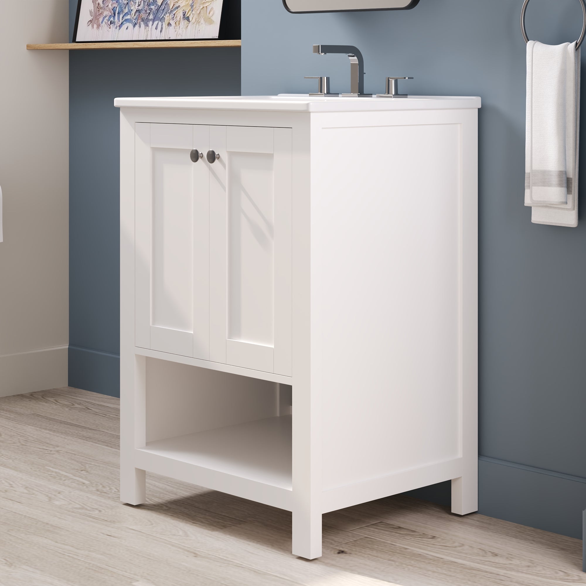 24" Pre-assembled Bathroom Vanity with Sink and Woven Storage Basket, 24 Inch White Vanity for Bathroom with Pre-drilled Holes, White.