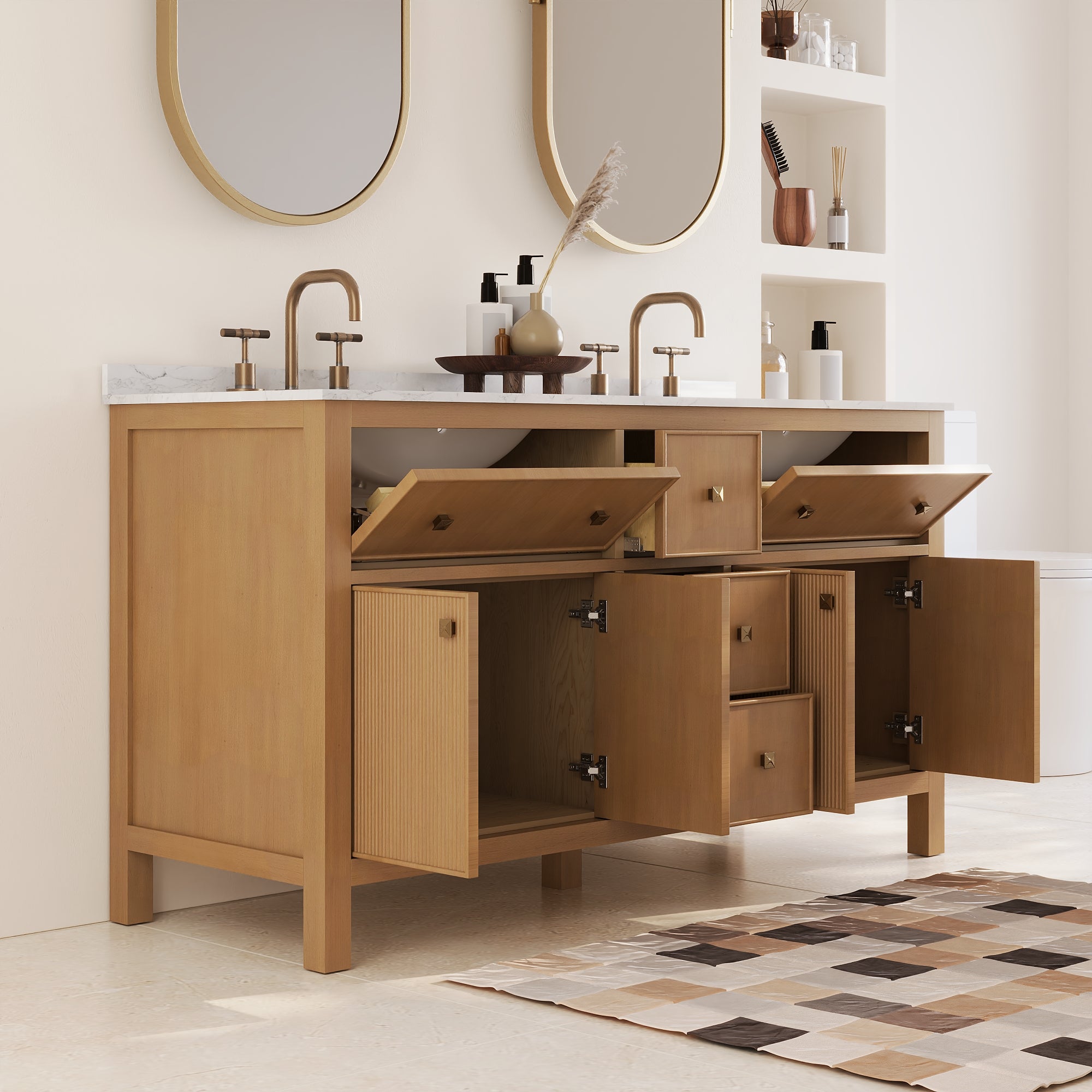 60" Pre-assembled Bathroom Vanity, with Soft Closing and Splash Guard, Natural Wood Color