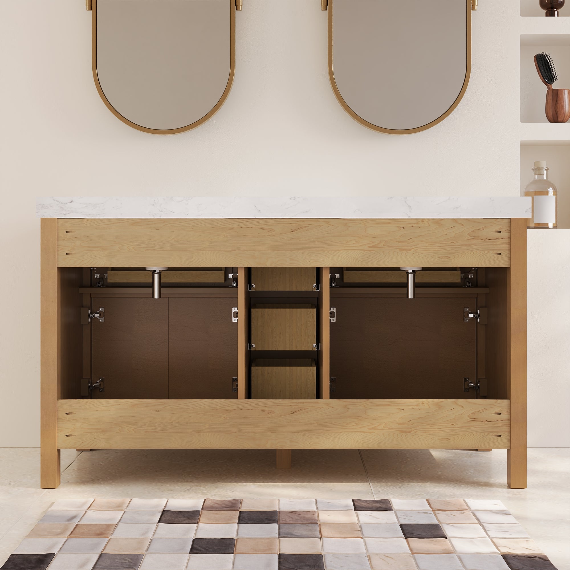 60" Pre-assembled Bathroom Vanity, with Soft Closing and Splash Guard, Natural Wood Color