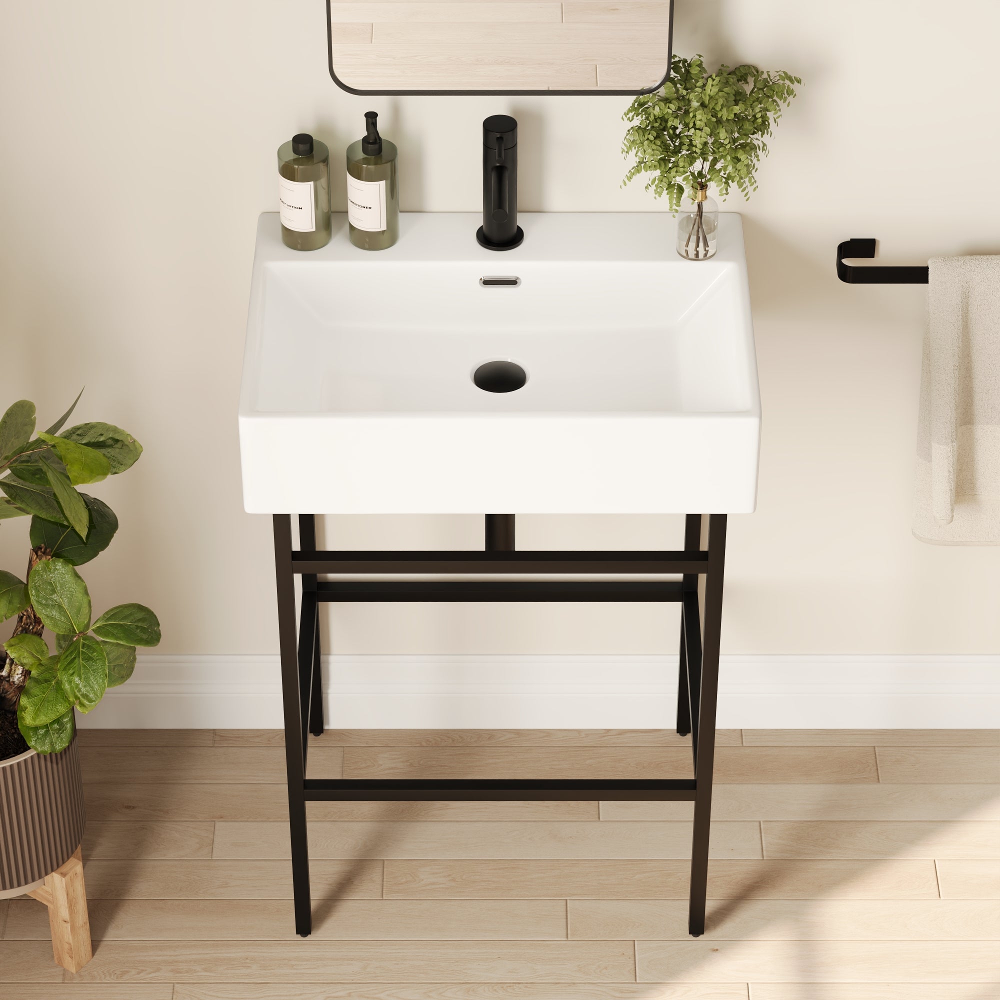 Bathroom Console Sink, 24" W x 17" D x 34" H Rectangular Bathroom Sink with Chrome/Gold/Black Legs Support Ceramic Sink with Overflow
