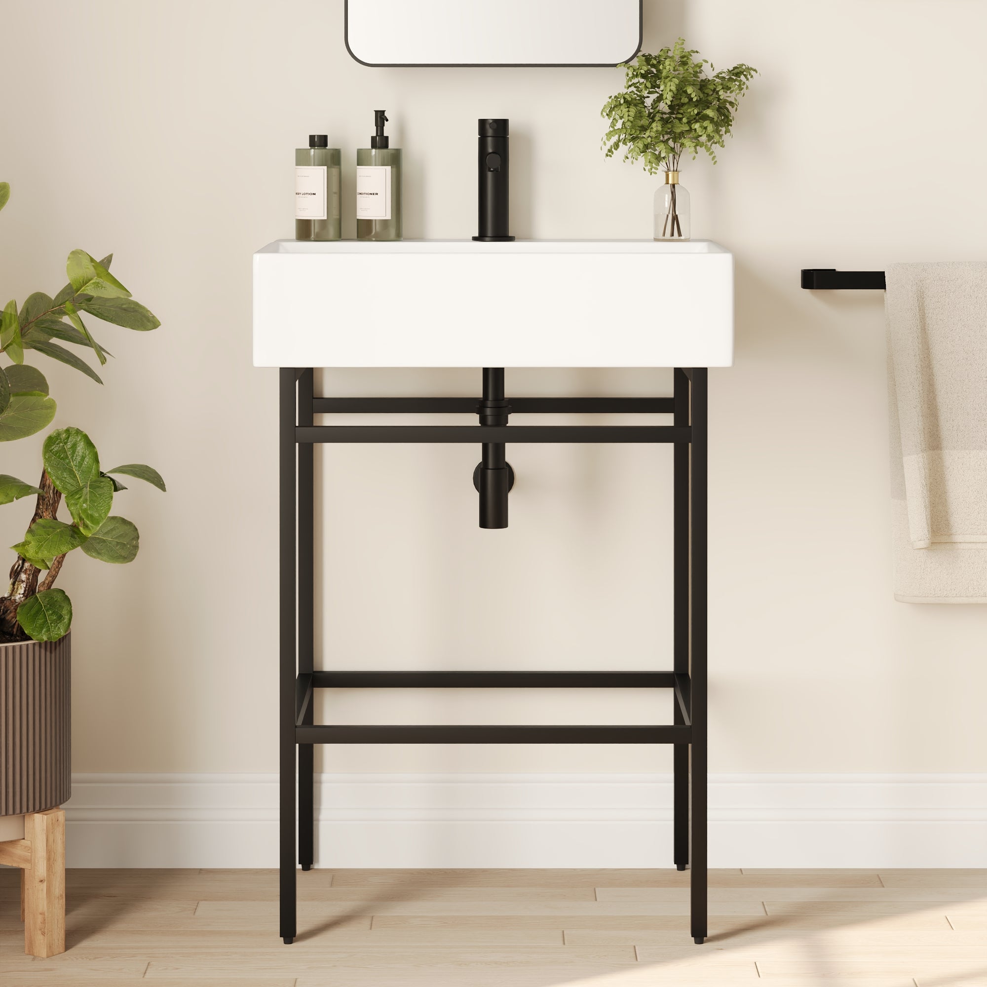 Bathroom Console Sink, 24" W x 17" D x 34" H Rectangular Bathroom Sink with Chrome/Gold/Black Legs Support Ceramic Sink with Overflow