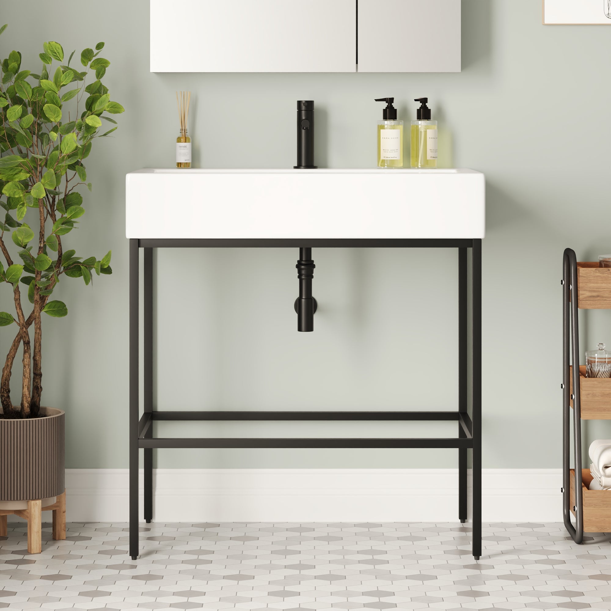 Bathroom Console Sink, 32" W x 17" D x 34" H Rectangular Bathroom Sink with Chrome/Gold/Black Legs Support Ceramic Sink with Overflow.