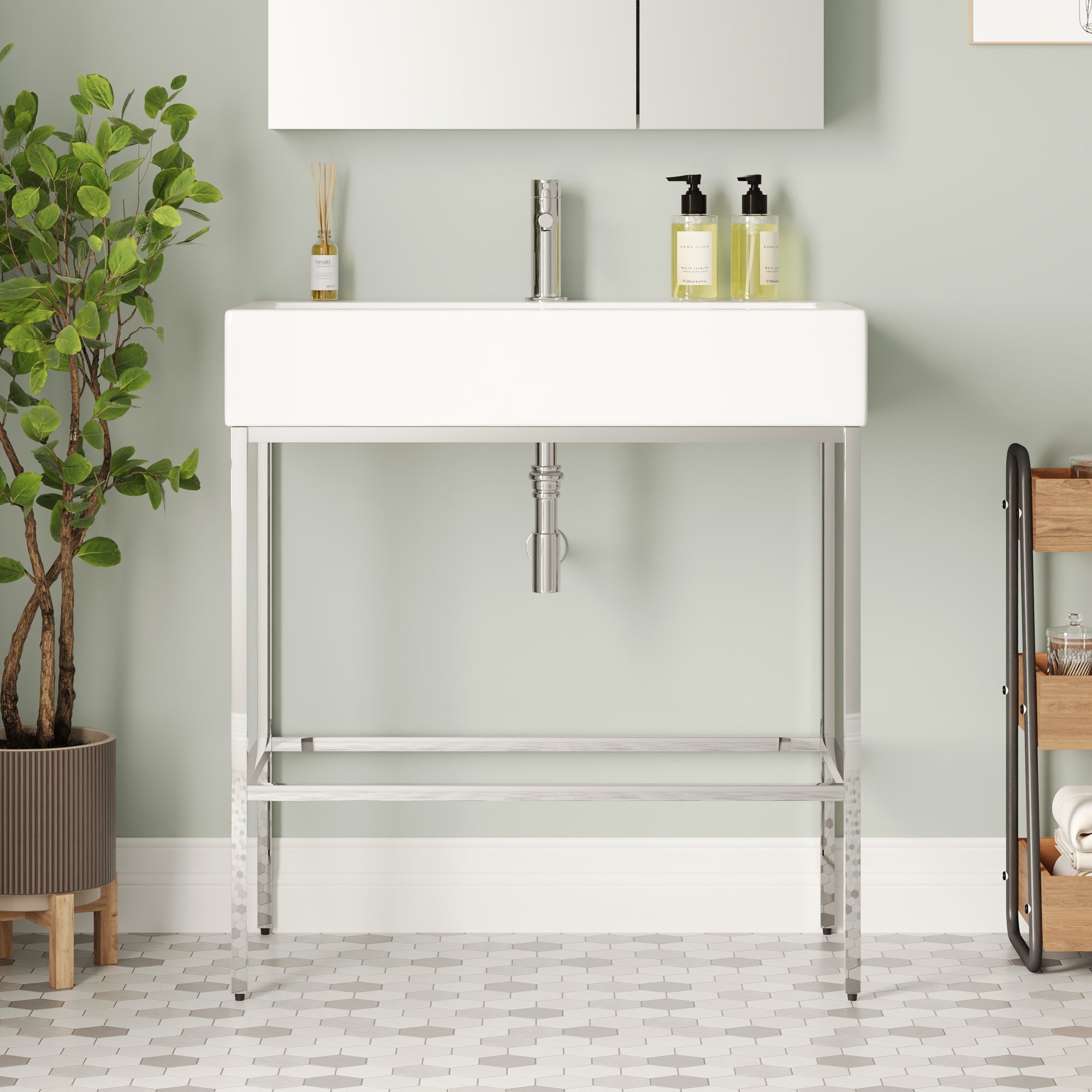 Bathroom Console Sink, 32" W x 17" D x 34" H Rectangular Bathroom Sink with Chrome/Gold/Black Legs Support Ceramic Sink with Overflow.