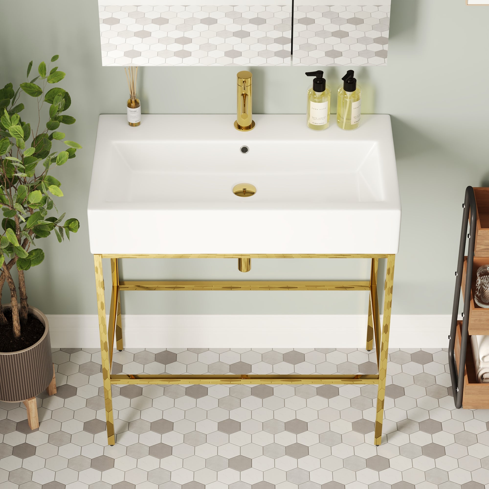 Bathroom Console Sink, 32" W x 17" D x 34" H Rectangular Bathroom Sink with Chrome/Gold/Black Legs Support Ceramic Sink with Overflow.