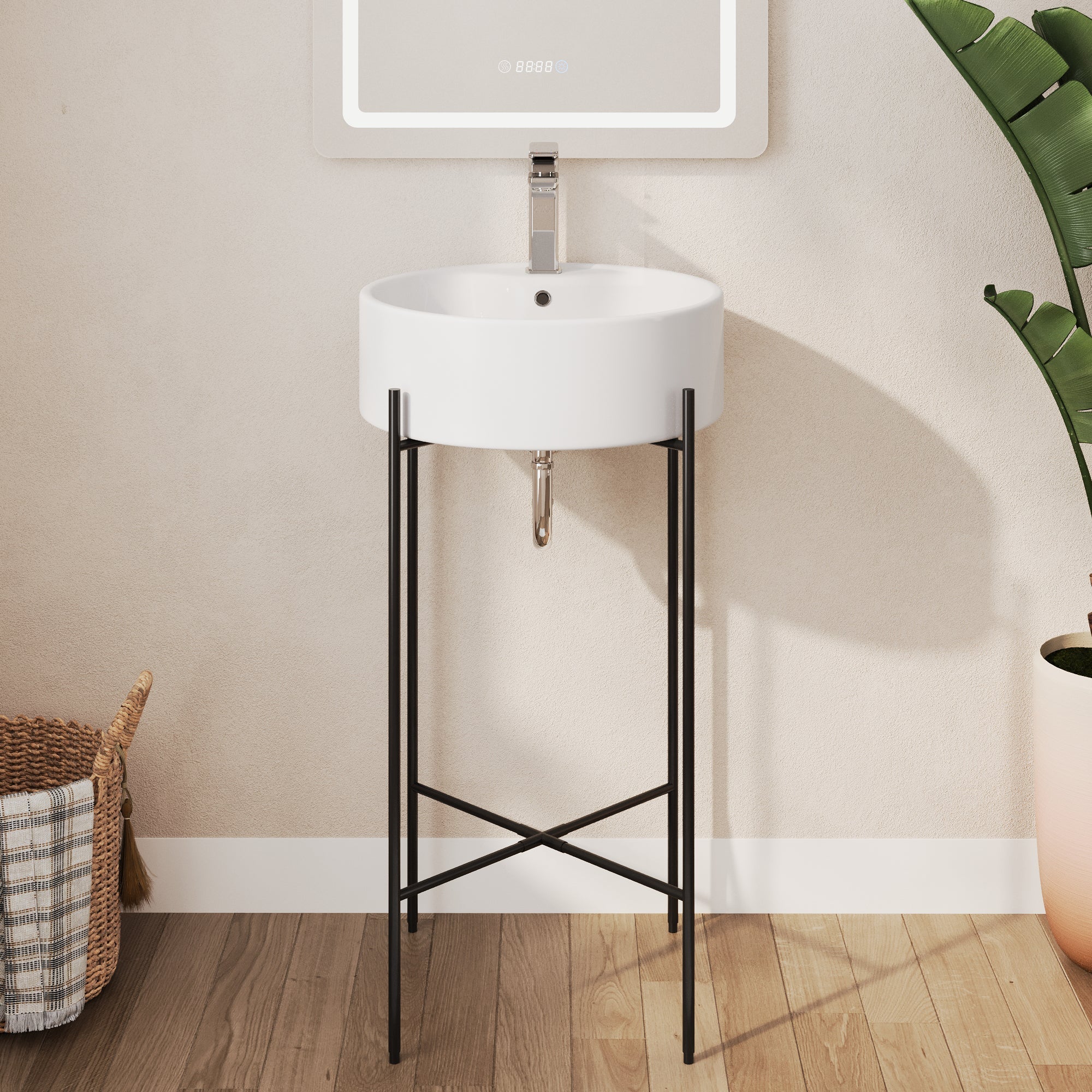 Bathroom Console Sink, Round Bathroom Sink with Chrome/Gold/Black Legs Support Ceramic Sink with Overflow.