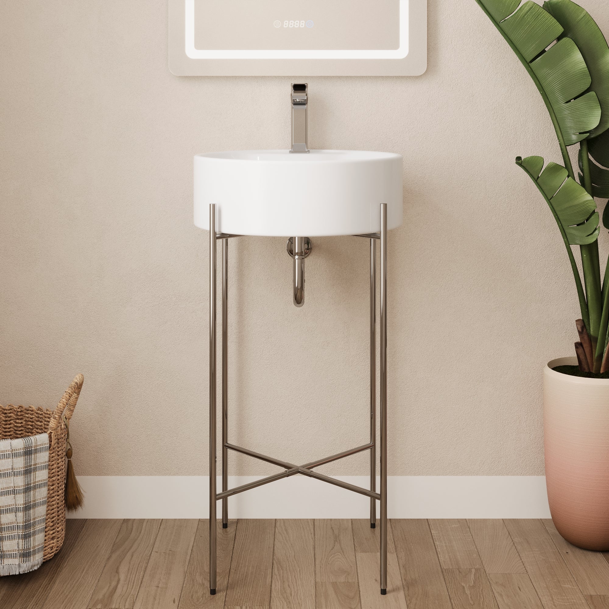 Bathroom Console Sink, Round Bathroom Sink with Chrome/Gold/Black Legs Support Ceramic Sink with Overflow.