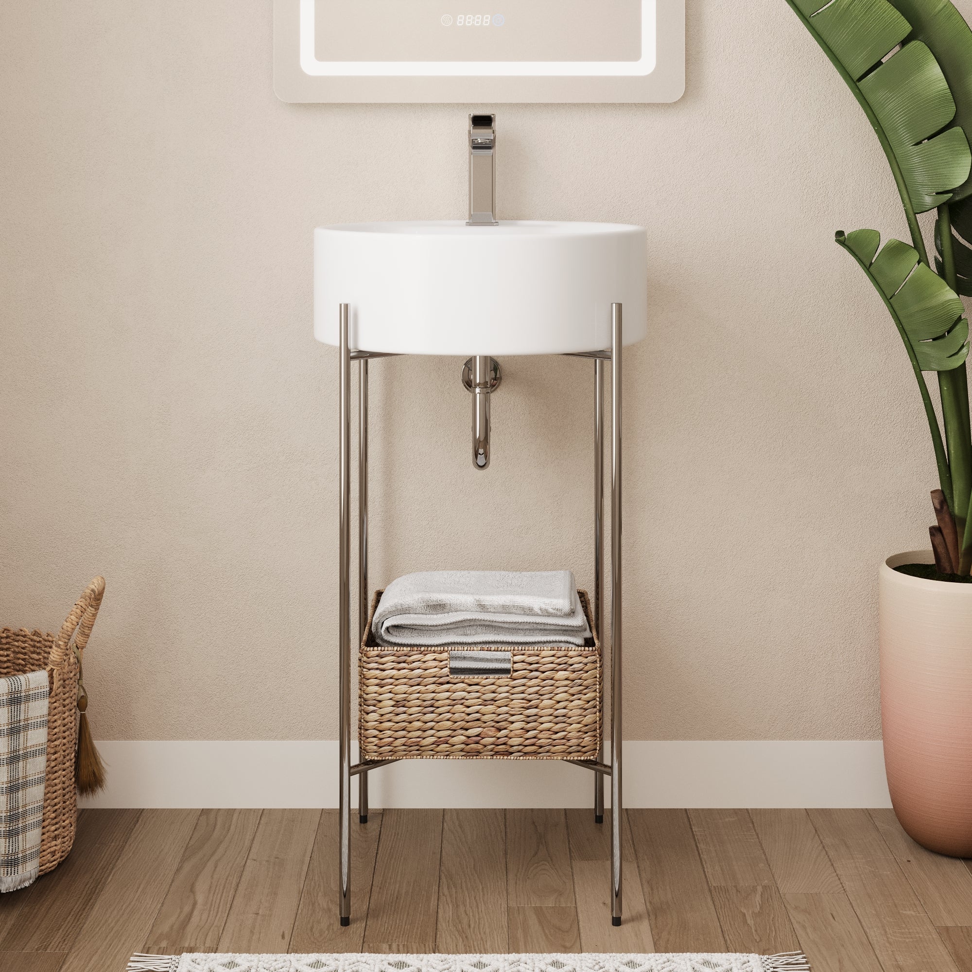 Bathroom Console Sink, Round Bathroom Sink with Chrome/Gold/Black Legs Support Ceramic Sink with Overflow.