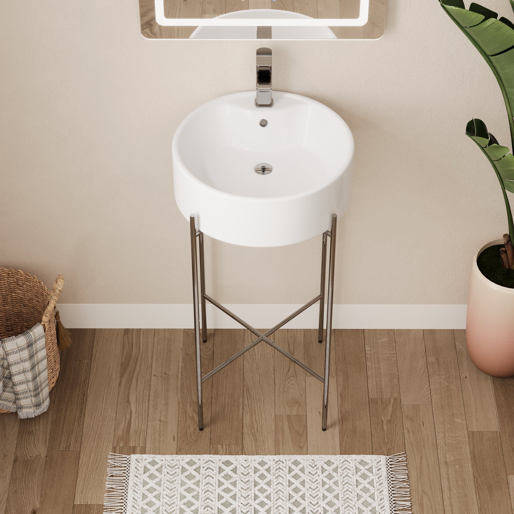 Bathroom Console Sink, Round Bathroom Sink with Chrome/Gold/Black Legs Support Ceramic Sink with Overflow.