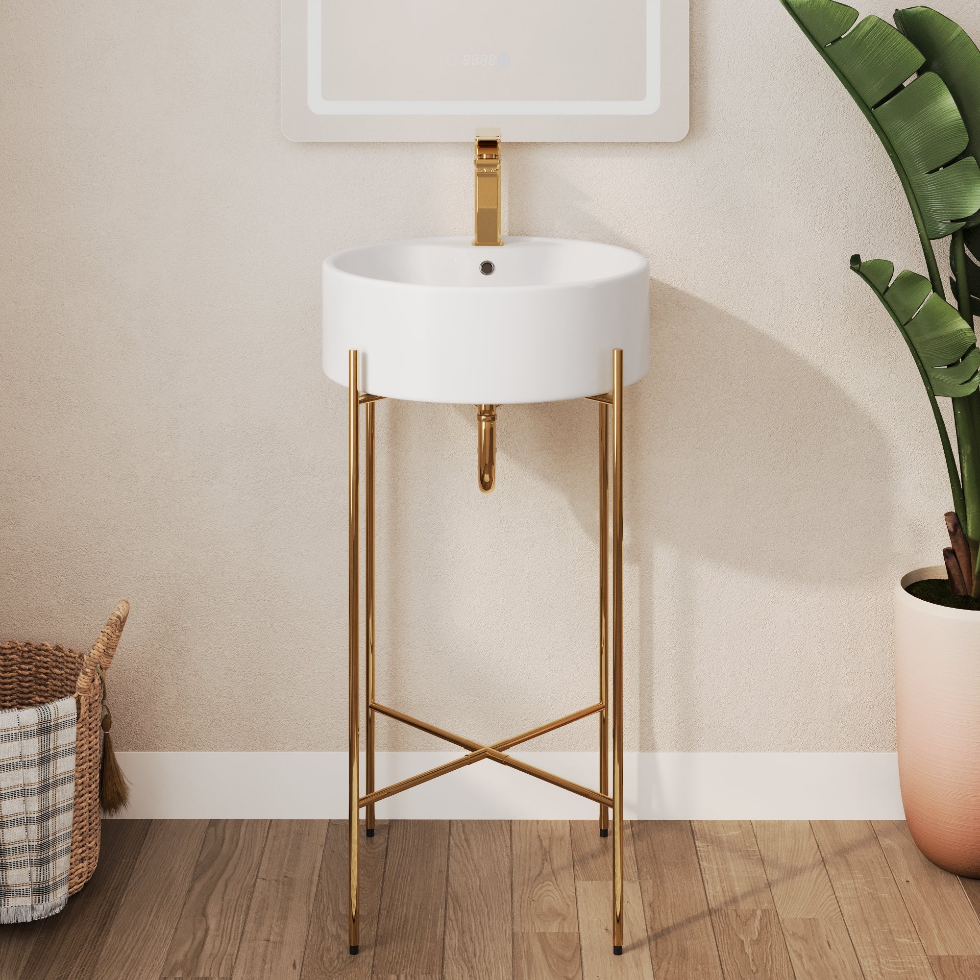 Bathroom Console Sink, Round Bathroom Sink with Chrome/Gold/Black Legs Support Ceramic Sink with Overflow.