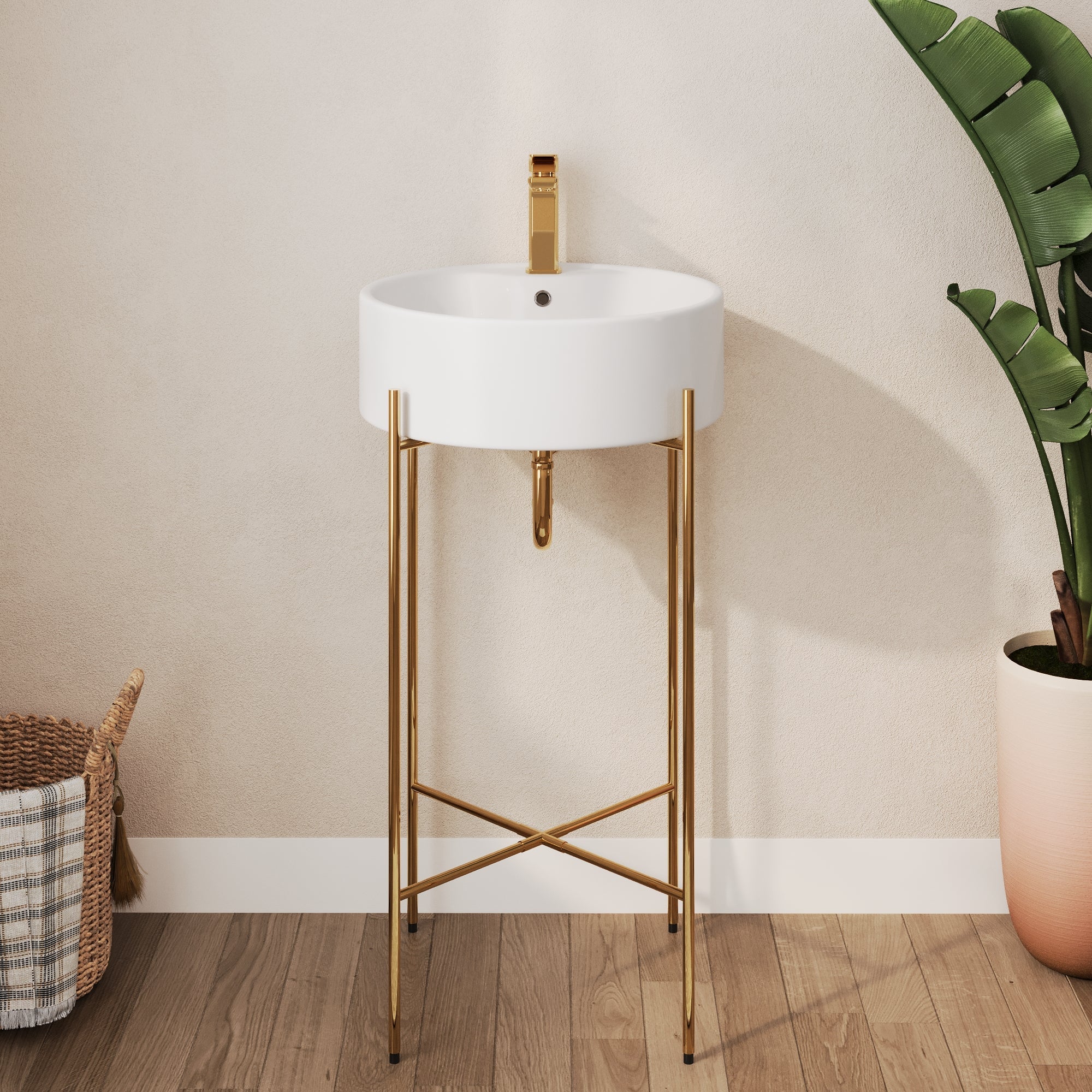 Bathroom Console Sink, Round Bathroom Sink with Chrome/Gold/Black Legs Support Ceramic Sink with Overflow.