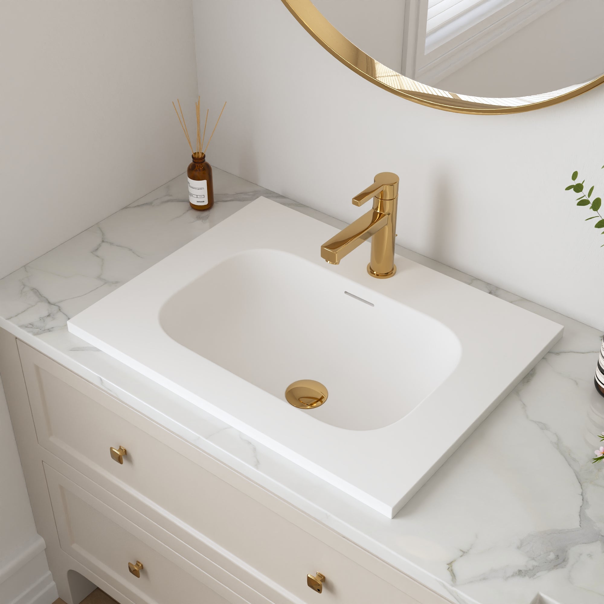 23 5/8" x 18 1/8" White Rectangular Acrylic Drop-in Bathroom Sink with Overflow and 35mm Faucet Hole