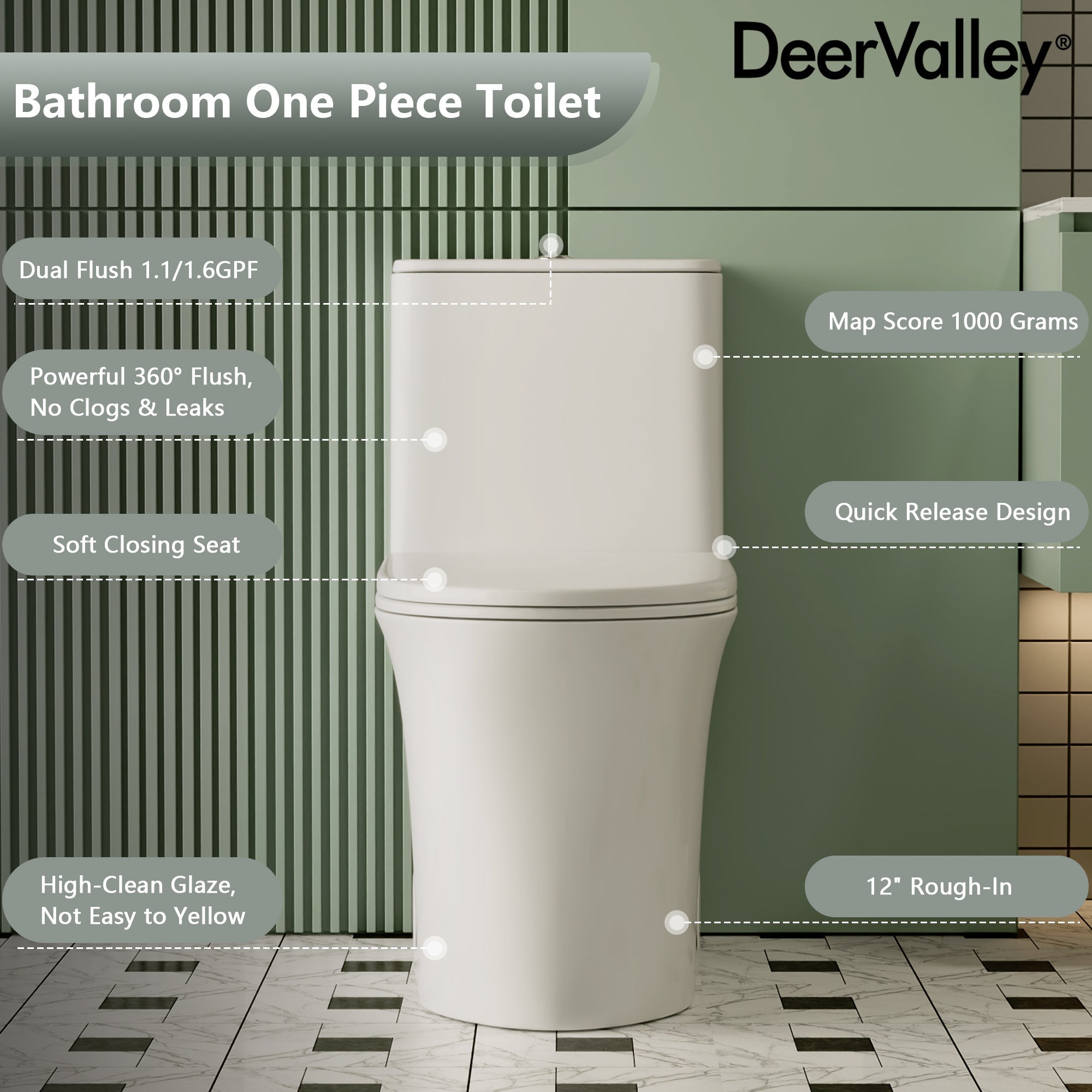 One Piece Toilet for Bathroom, Dual Flush 1.1/1.6 GPF Skirted Toilets, Soft Close seat