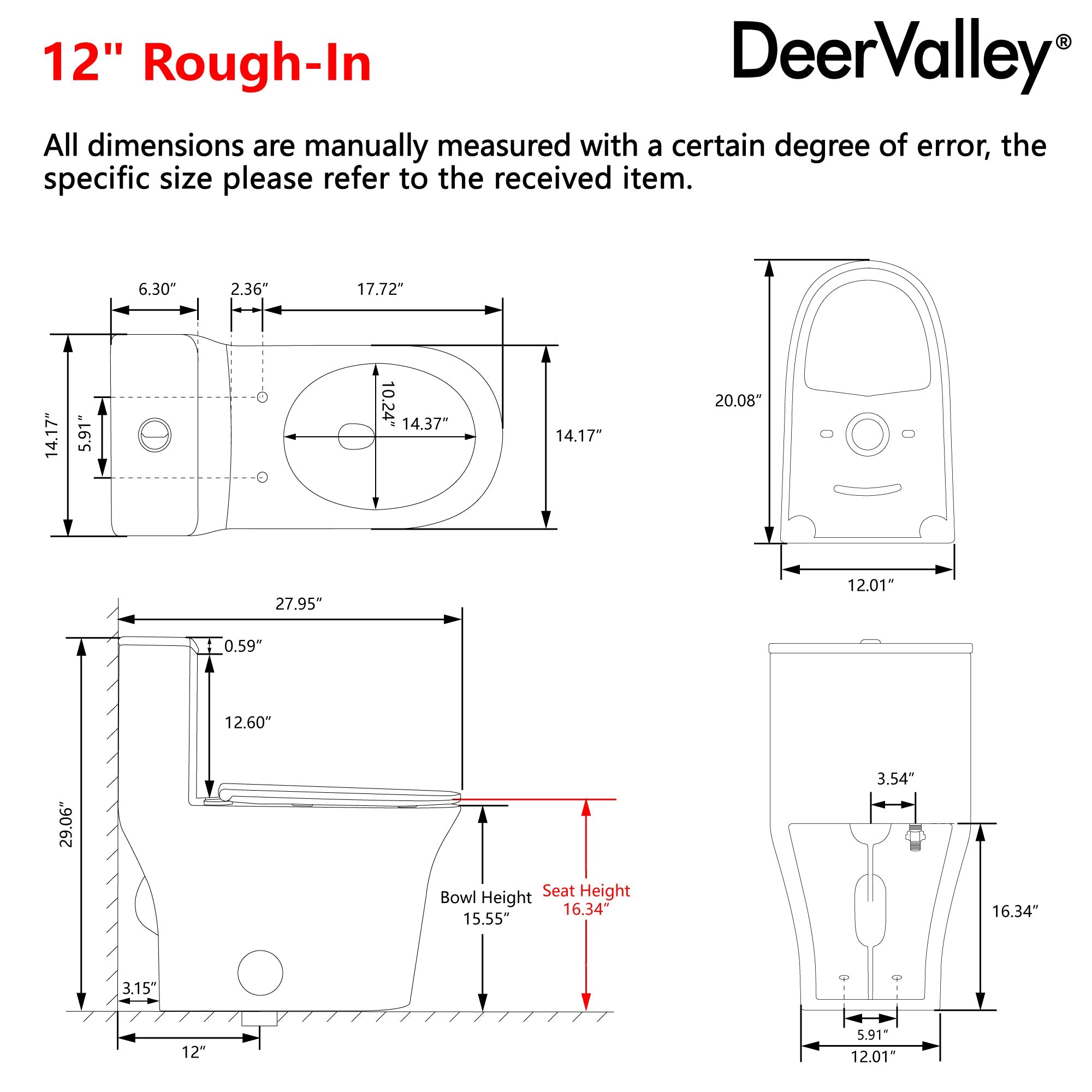 One Piece Toilet for Bathroom, Dual Flush 1.1/1.6 GPF Skirted Toilets, Soft Close seat