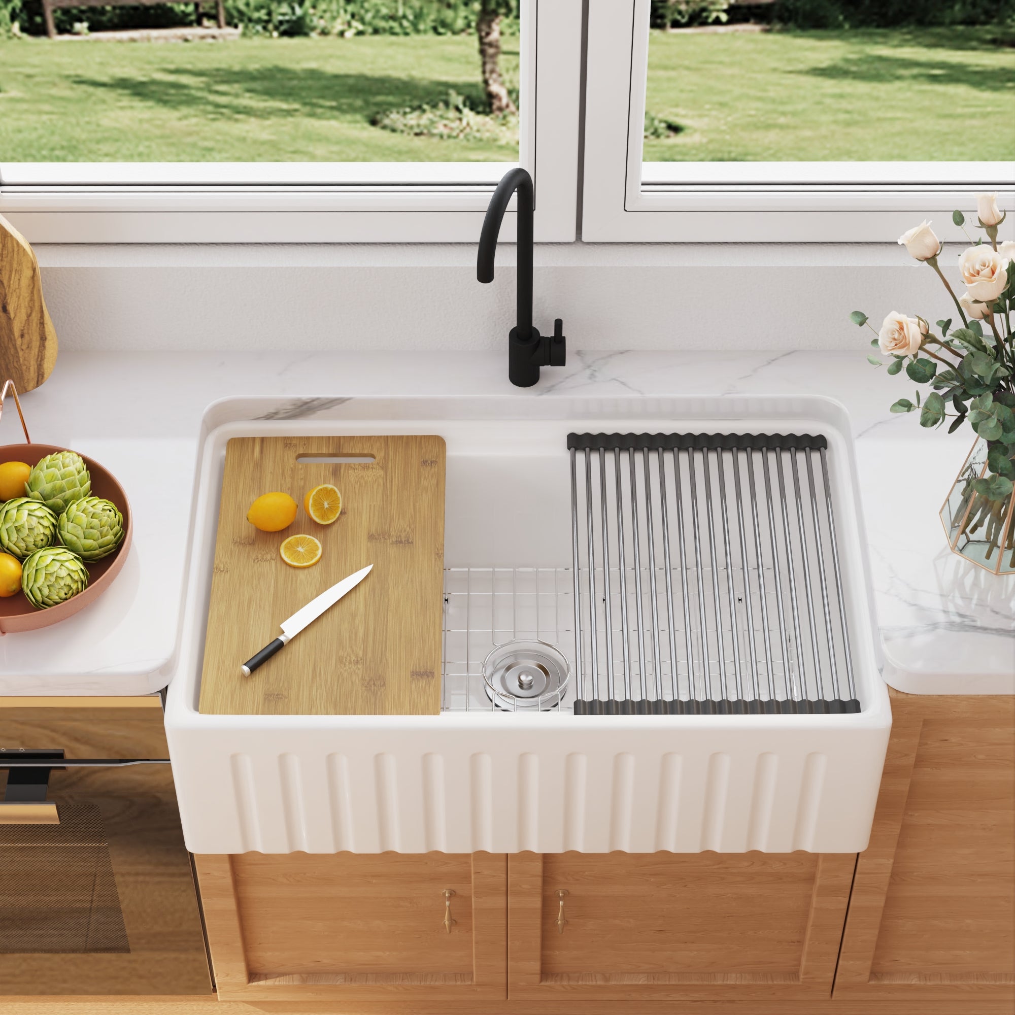 33" L X 20" W Rectangular Workstation Farmhouse Kitchen Sink, Easy-Cleaning