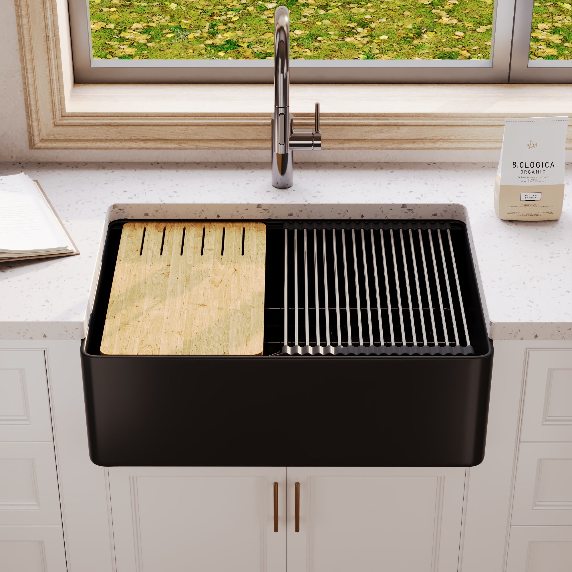 30"x 20" Farmhouse Sink Fireclay Apron Front Single Bowl Deep Drop In Kitchen Sink Undermount Farm Sink with Bottom Grid & Strainer - White Color / Black Color