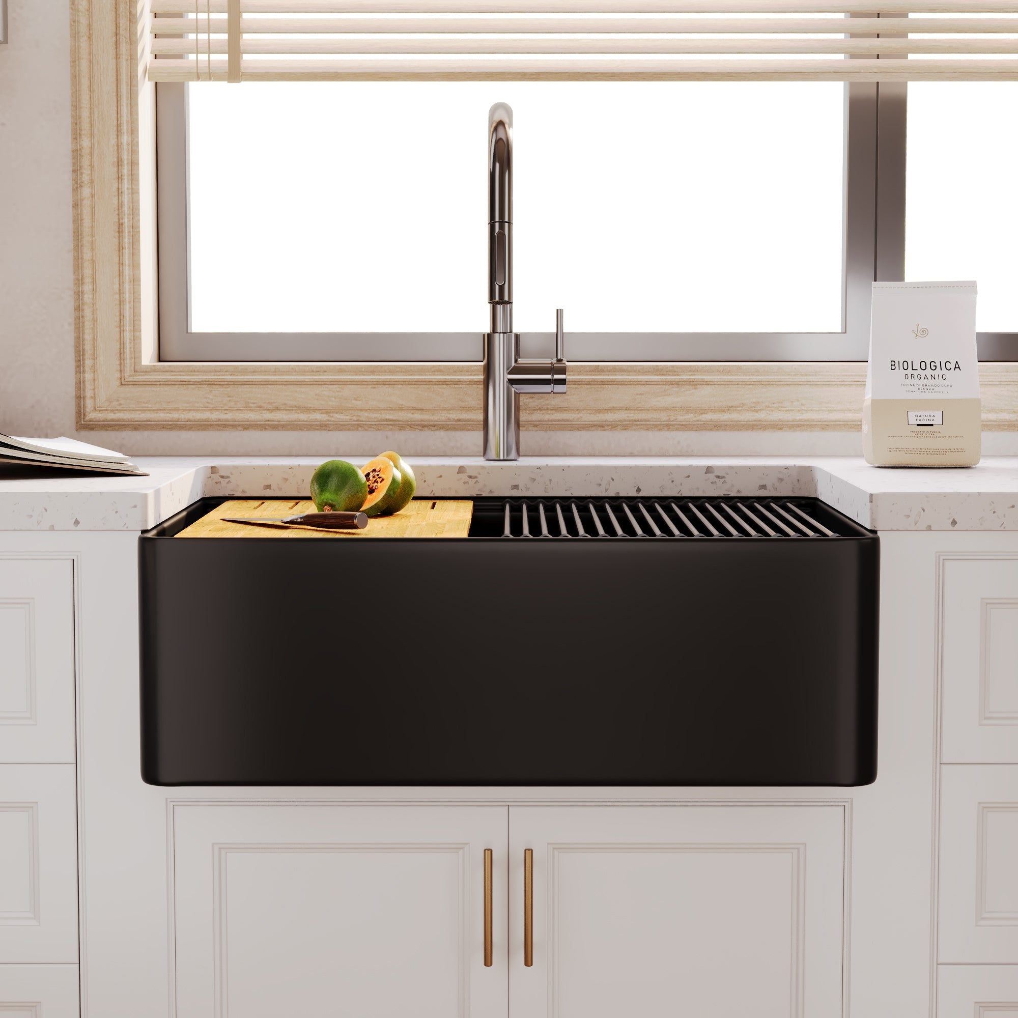 30"x 20" Farmhouse Sink Fireclay Apron Front Single Bowl Deep Drop In Kitchen Sink Undermount Farm Sink with Bottom Grid & Strainer - White Color / Black Color