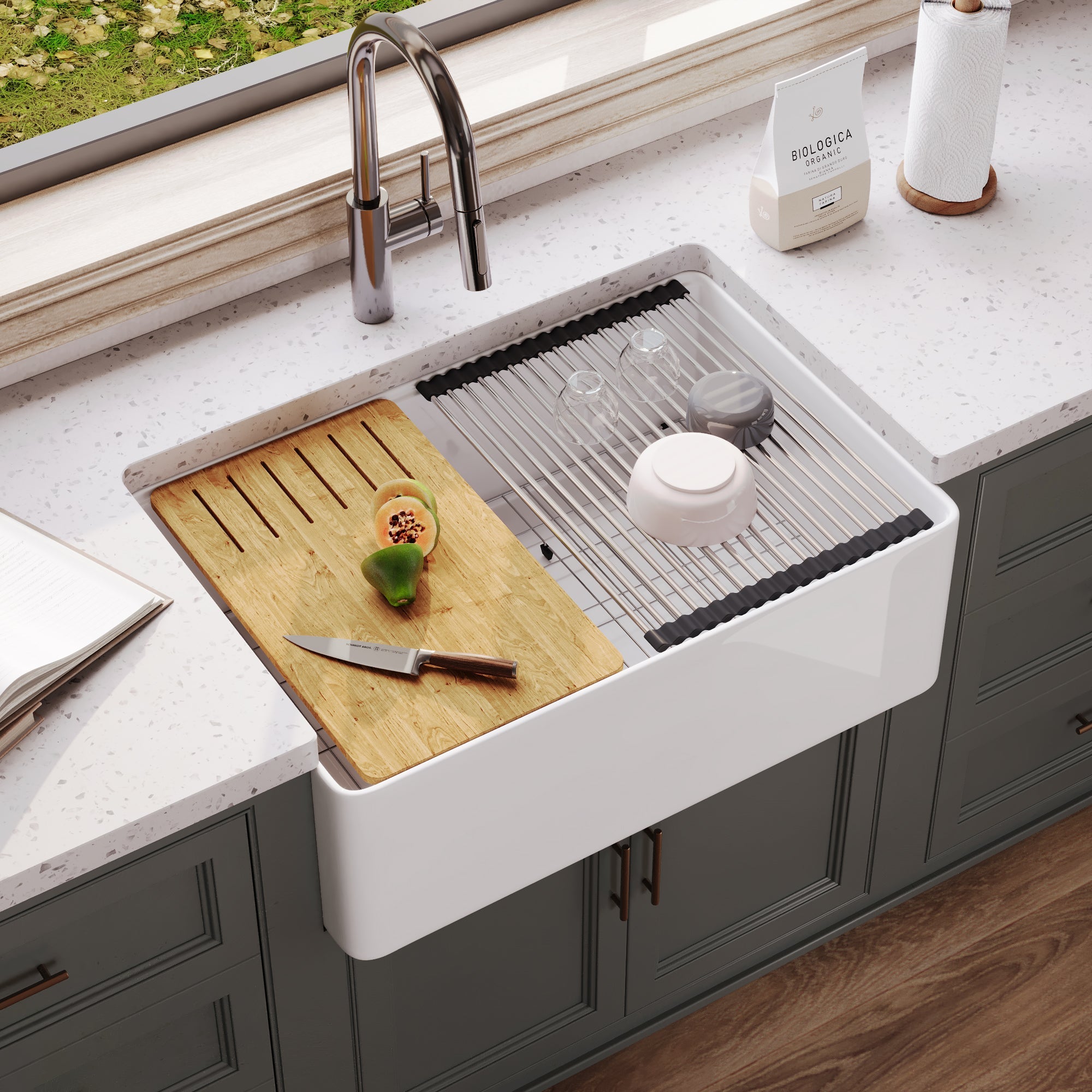 30"x 20" Farmhouse Sink Fireclay Apron Front Single Bowl Deep Drop In Kitchen Sink Undermount Farm Sink with Bottom Grid & Strainer - White Color / Black Color