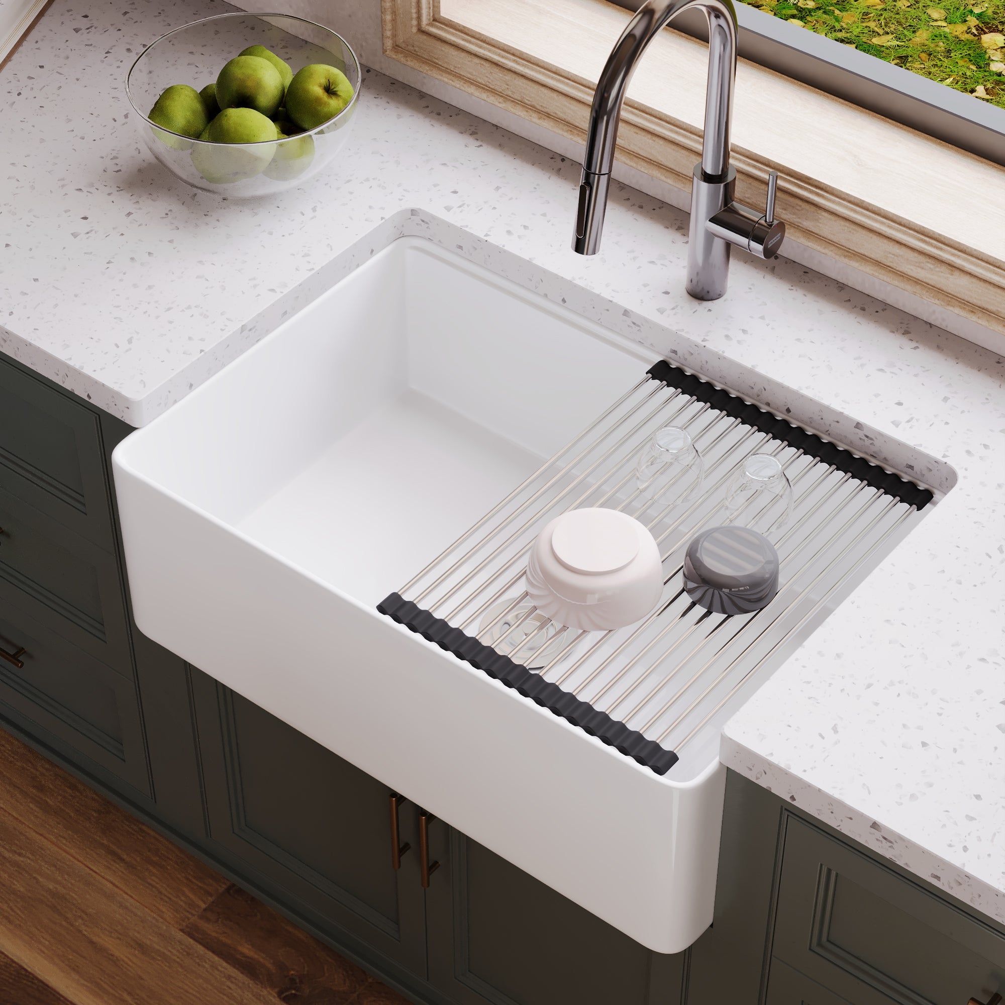 30"x 20" Farmhouse Sink Fireclay Apron Front Single Bowl Deep Drop In Kitchen Sink Undermount Farm Sink with Bottom Grid & Strainer - White Color / Black Color