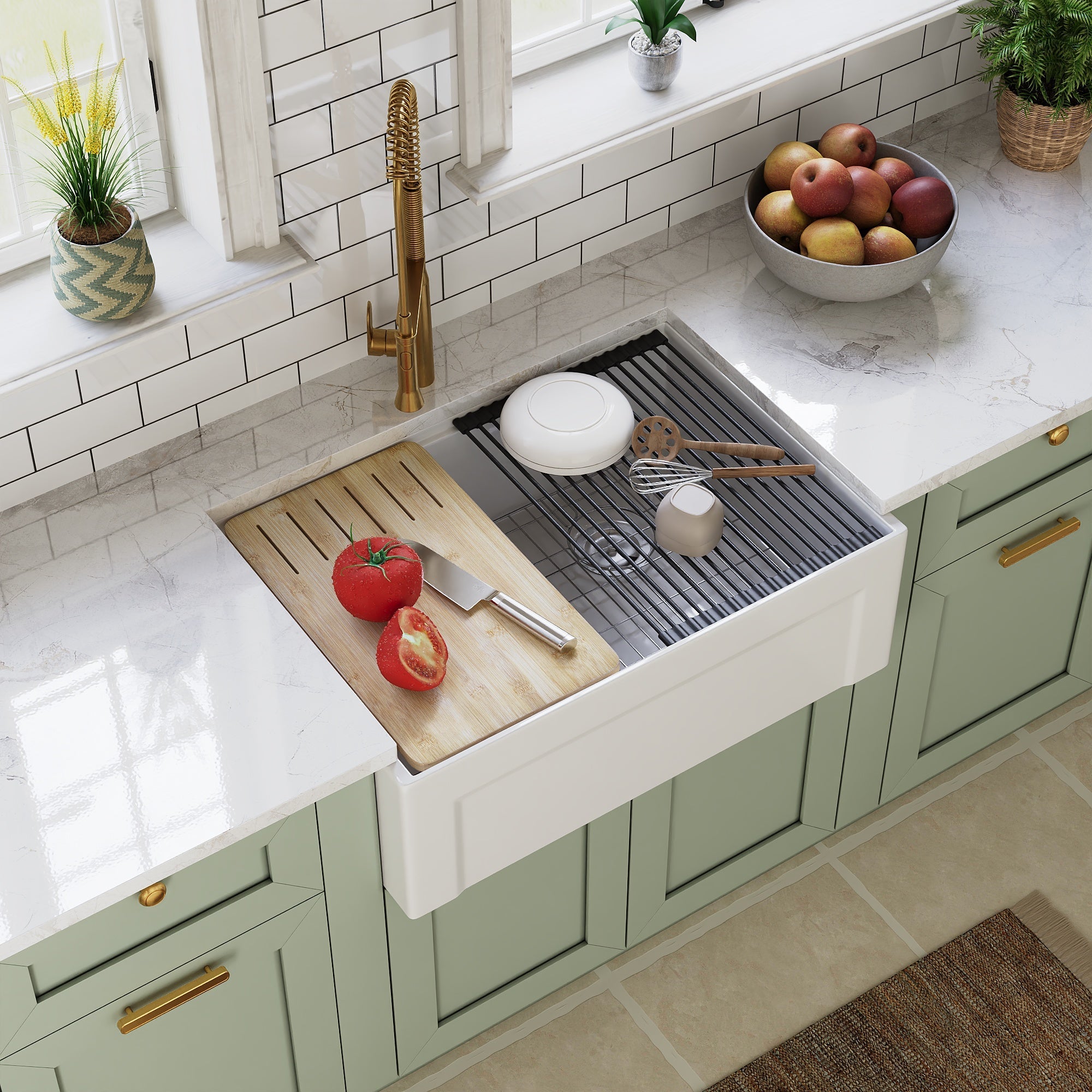 DeerValley White Farmhouse Workstation Sink, Reversible Fireclay Deep Single Bowl Apron Front Kitchen Sink, Undermount Farm Sink with Ledge and Accessories