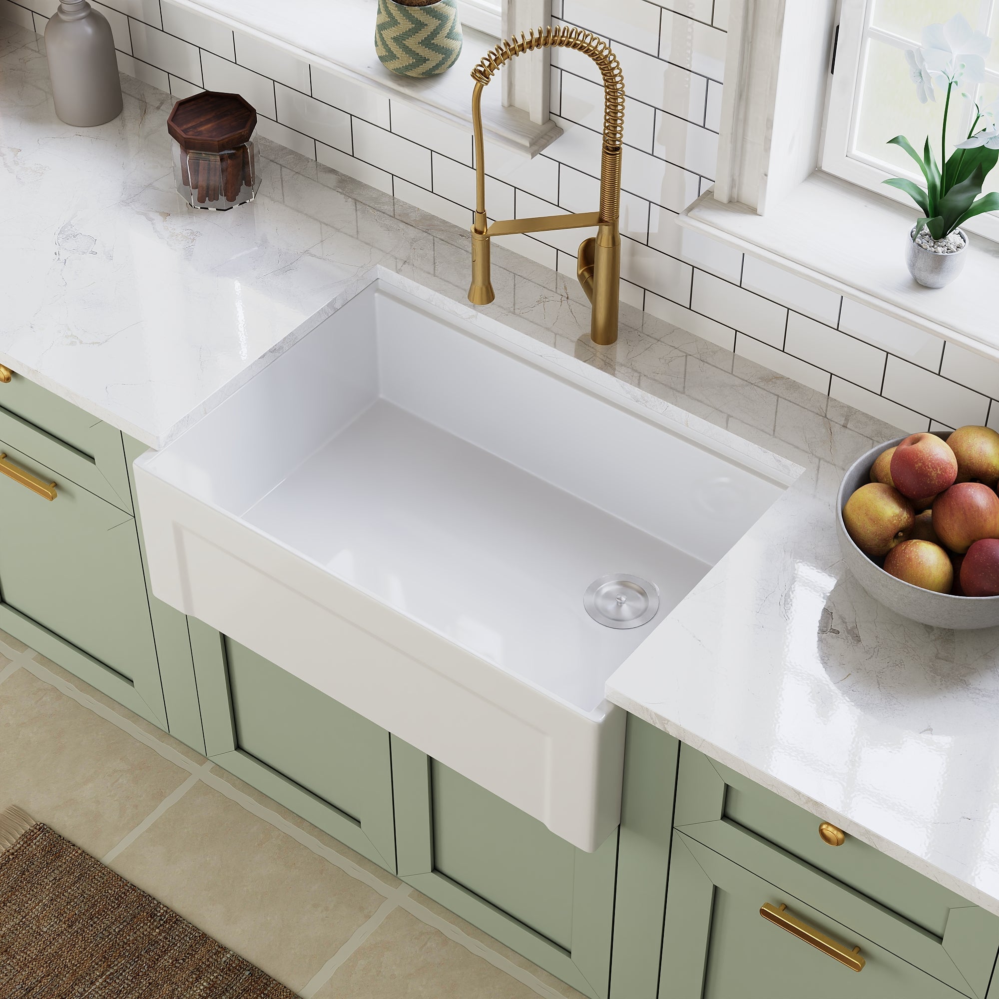 DeerValley White Farmhouse Workstation Sink, Reversible Fireclay Deep Single Bowl Apron Front Kitchen Sink, Undermount Farm Sink with Ledge and Accessories