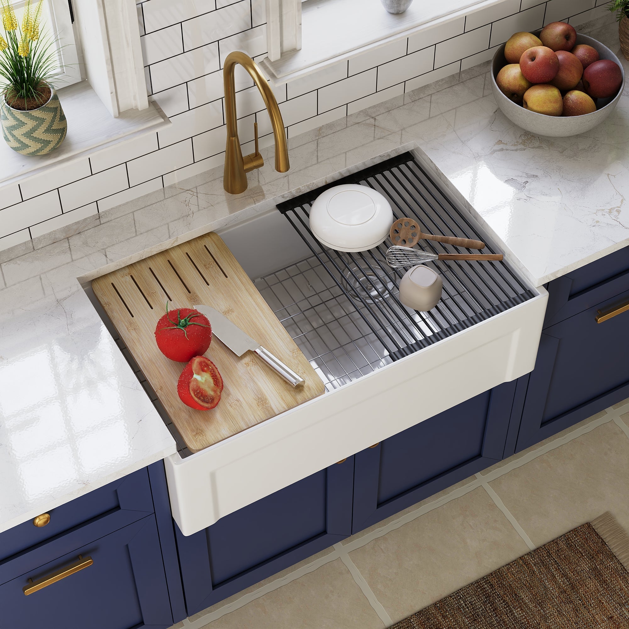 DeerValley White Farmhouse Workstation Sink, Reversible Fireclay Deep Single Bowl Apron Front Kitchen Sink, Undermount Farm Sink with Ledge and Accessories