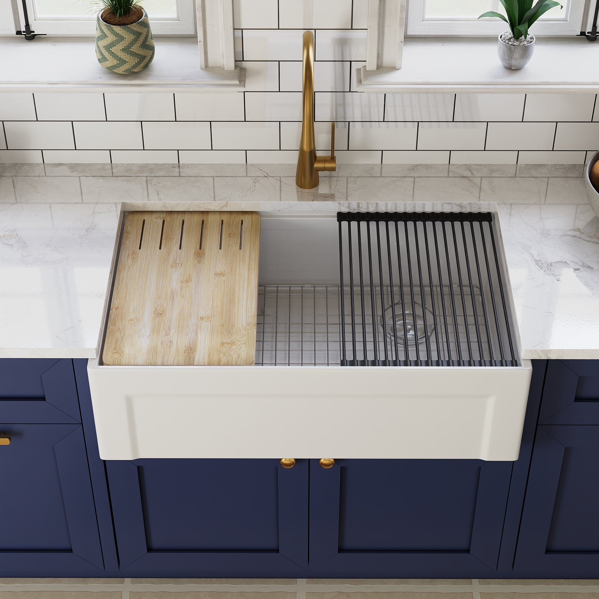 DeerValley White Farmhouse Workstation Sink, Reversible Fireclay Deep Single Bowl Apron Front Kitchen Sink, Undermount Farm Sink with Ledge and Accessories