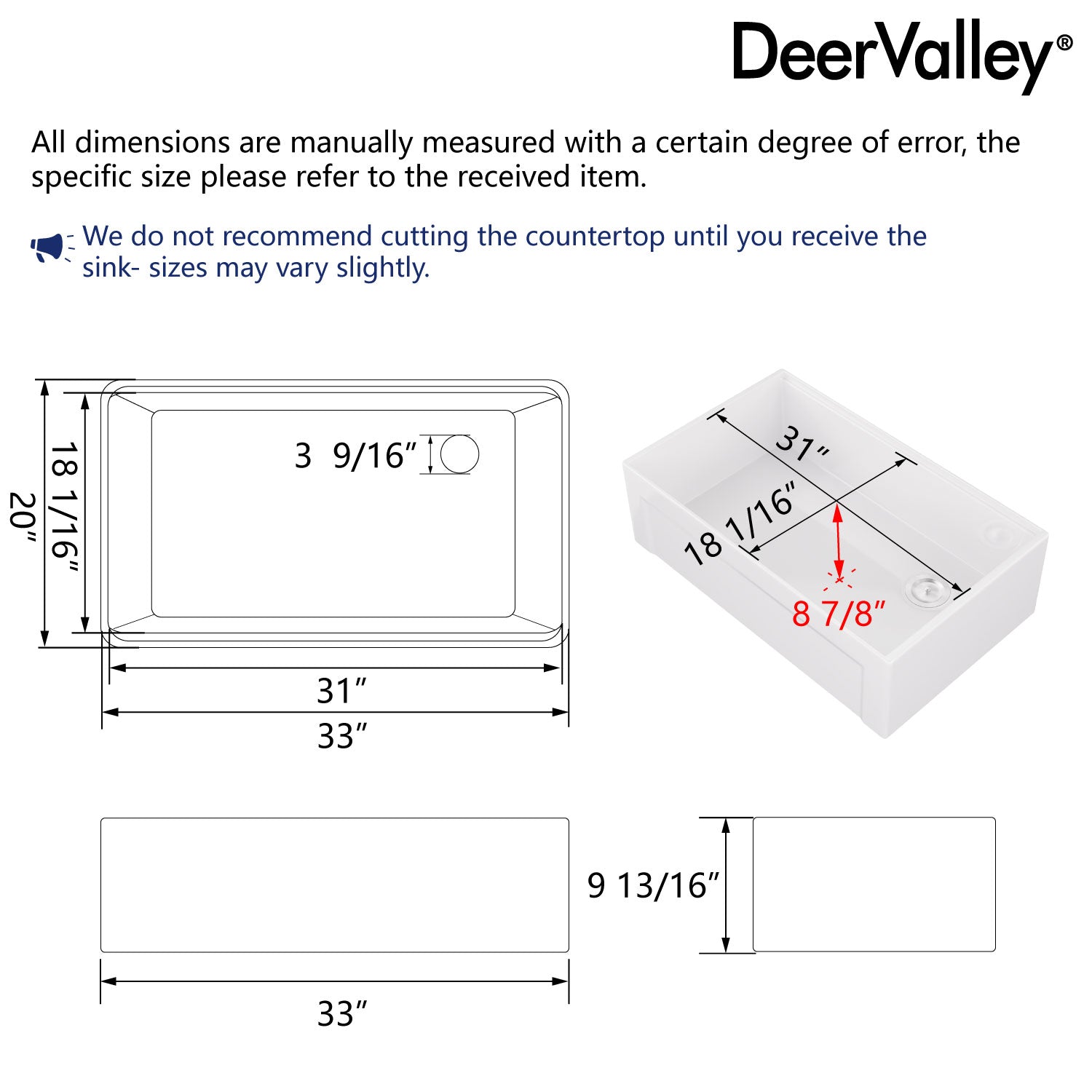 DeerValley White Farmhouse Workstation Sink, Reversible Fireclay Deep Single Bowl Apron Front Kitchen Sink, Undermount Farm Sink with Ledge and Accessories