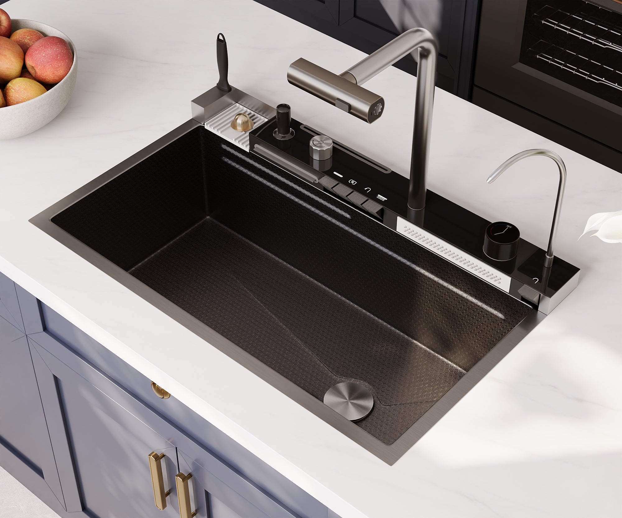 DeerValley Smart Waterfall Kitchen Sink, Drop In Stainless Steel Digital Display Honeycomb Nano Modern Workstation Sink with Pull Down Faucet, Single Bowl Kitchen Sink With Various Accessories