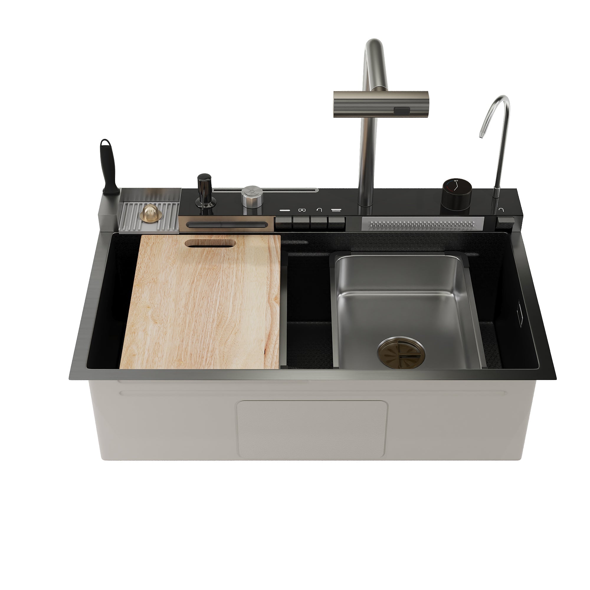 DeerValley Smart Waterfall Kitchen Sink, Drop In Stainless Steel Digital Display Honeycomb Nano Modern Workstation Sink with Pull Down Faucet, Single Bowl Kitchen Sink With Various Accessories
