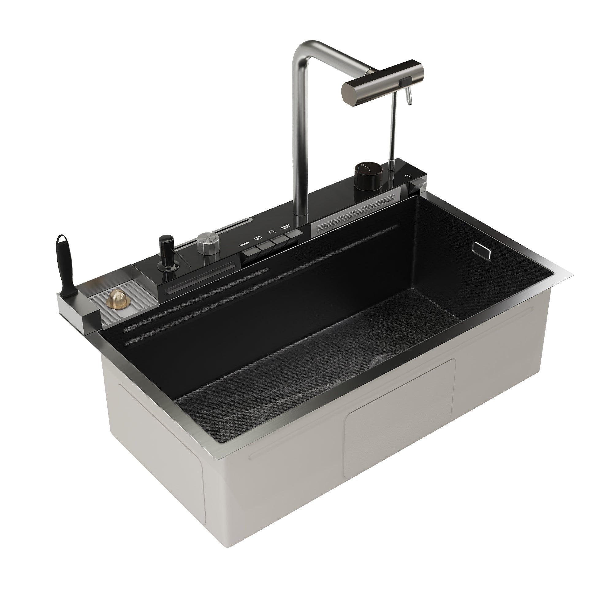 DeerValley Smart Waterfall Kitchen Sink, Drop In Stainless Steel Digital Display Honeycomb Nano Modern Workstation Sink with Pull Down Faucet, Single Bowl Kitchen Sink With Various Accessories
