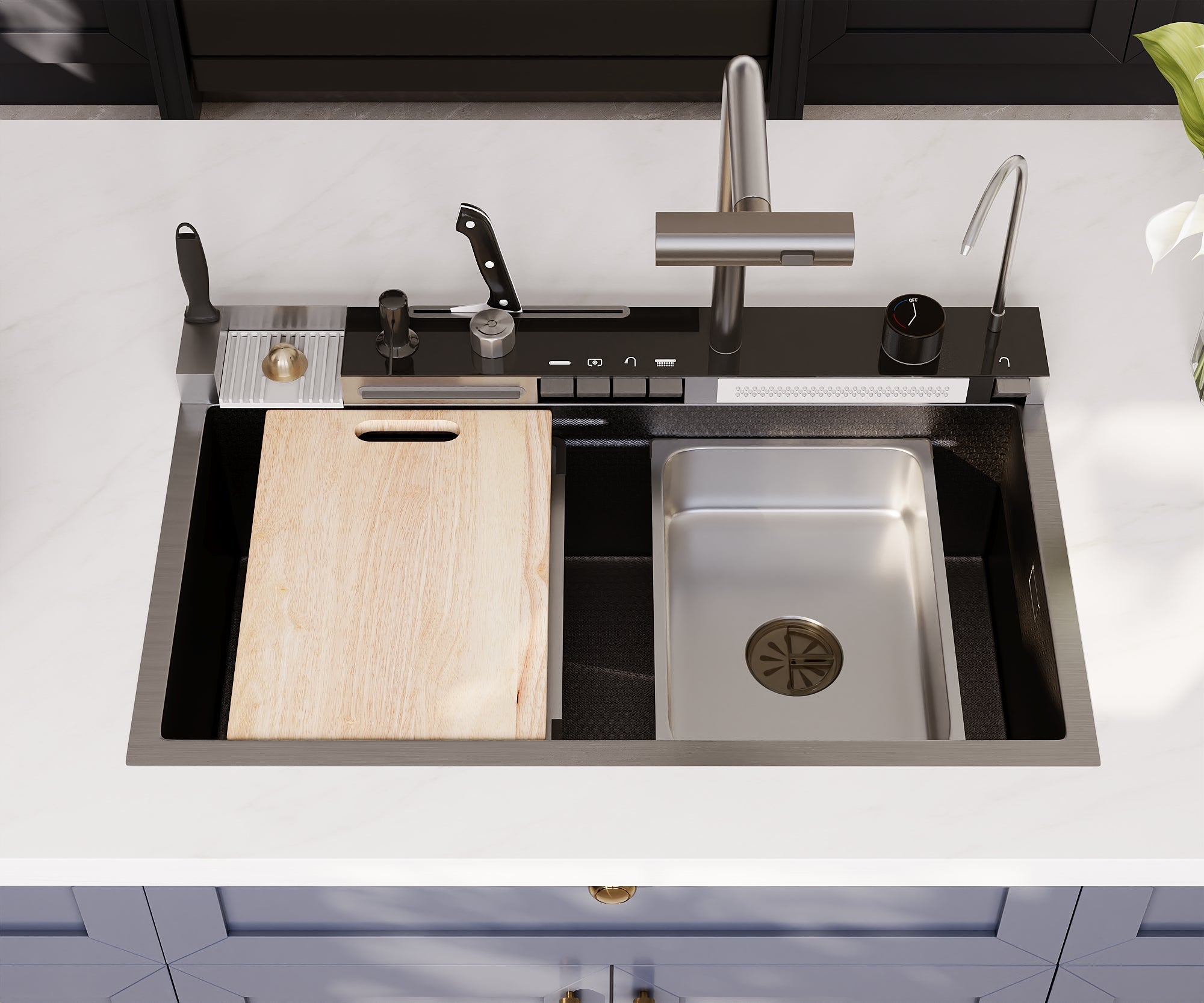 DeerValley Smart Waterfall Kitchen Sink, Drop In Stainless Steel Digital Display Honeycomb Nano Modern Workstation Sink with Pull Down Faucet, Single Bowl Kitchen Sink With Various Accessories