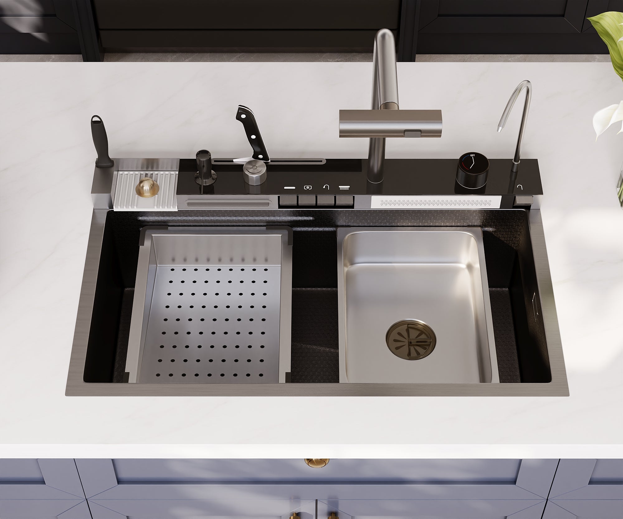 DeerValley Smart Waterfall Kitchen Sink, Drop In Stainless Steel Digital Display Honeycomb Nano Modern Workstation Sink with Pull Down Faucet, Single Bowl Kitchen Sink With Various Accessories