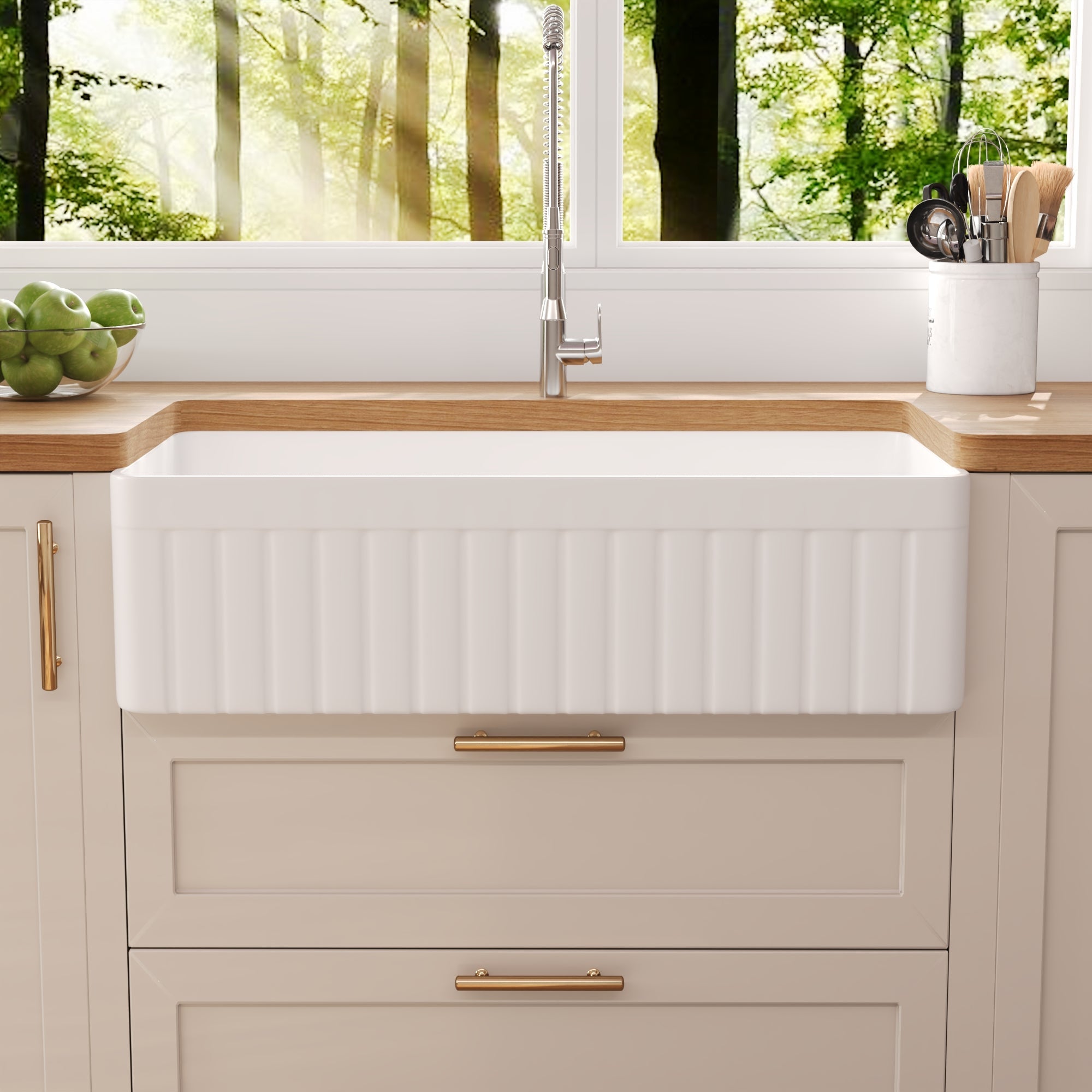 DeerValley Solstice Fireclay Farmhouse Sink, 35.5"L x 18"W Farmhouse Kitchen Sink White Large Single Bowl Farm Sink Reversible Apron Front with Sink Grid and Basket Strainer, DV-1K0377