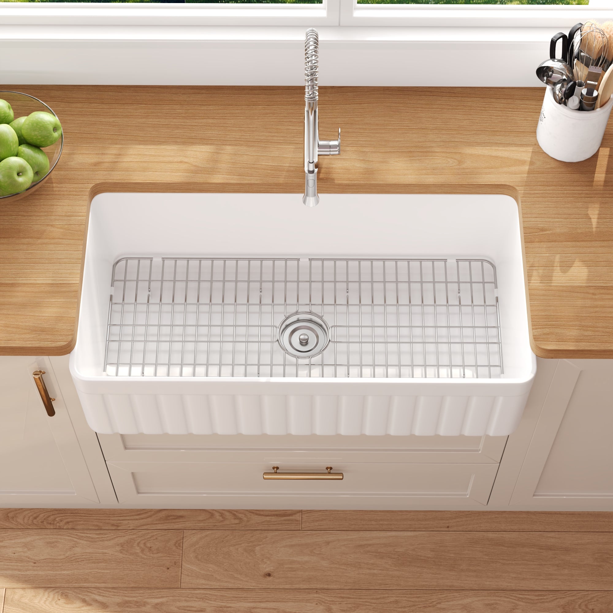 DeerValley Solstice Fireclay Farmhouse Sink, 35.5"L x 18"W Farmhouse Kitchen Sink White Large Single Bowl Farm Sink Reversible Apron Front with Sink Grid and Basket Strainer, DV-1K0377